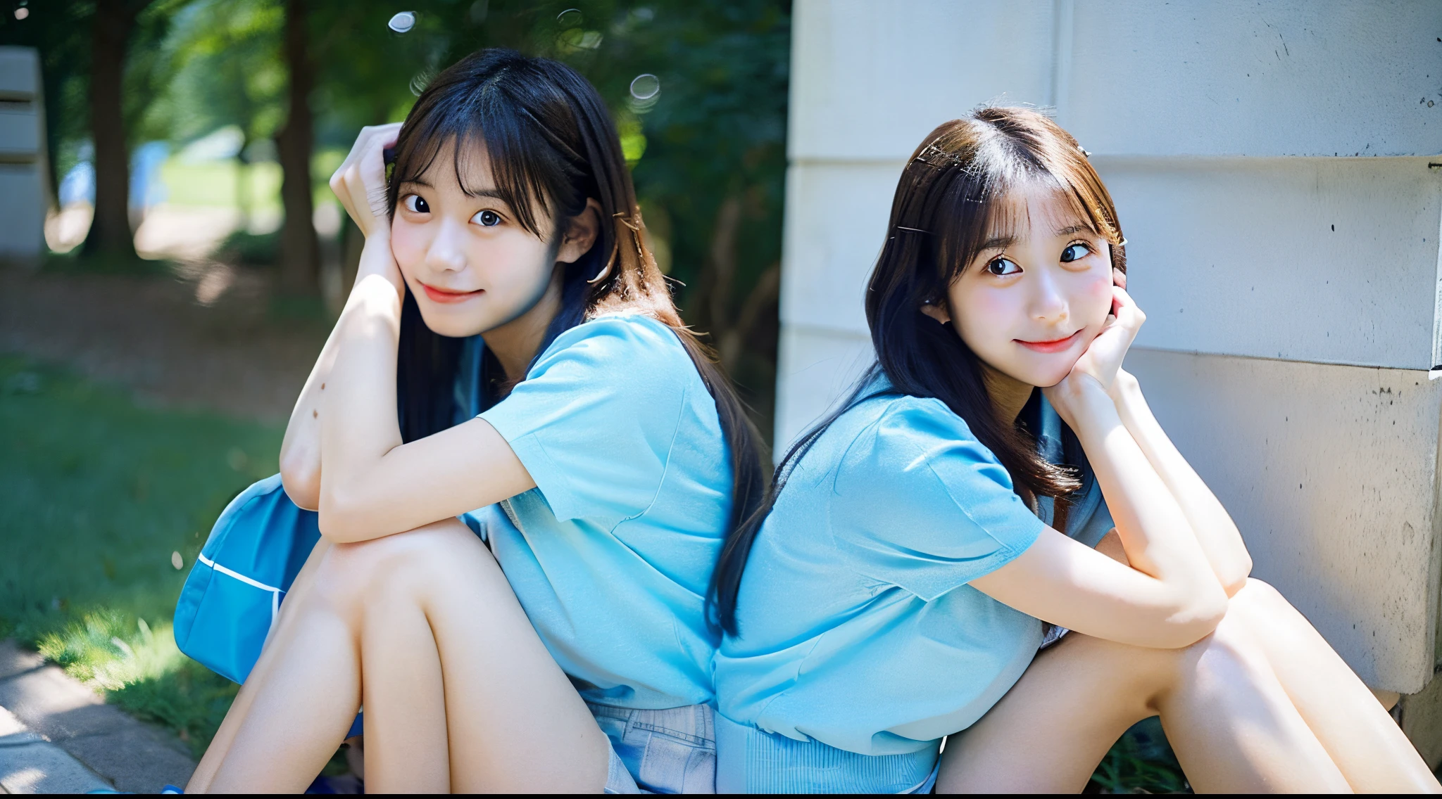 Cute female college student, 18 years old, wearing a light blue miniskirt