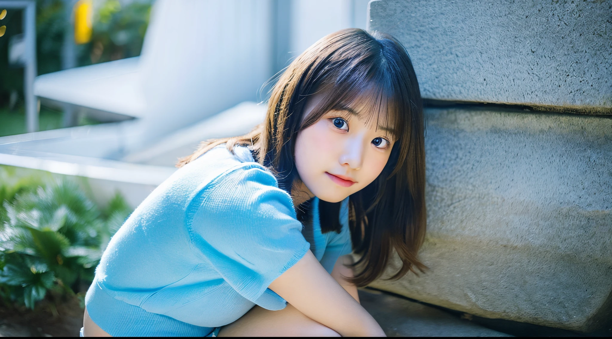 Cute female college student, 18 years old, wearing a light blue miniskirt