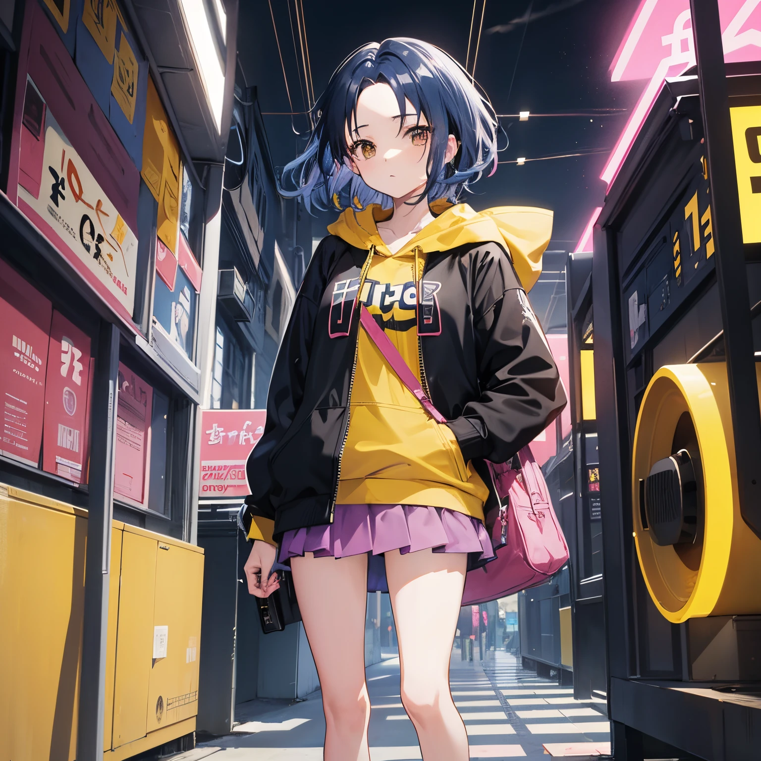 Anime, ((best quality)),18 years old girl, solo, brown eyes, blue hairs, wavy parted hair, (show forehead), short hair, black jacket, Pink mini skirt, Yellow hoodie, Boston bag carried diagonally, background: white