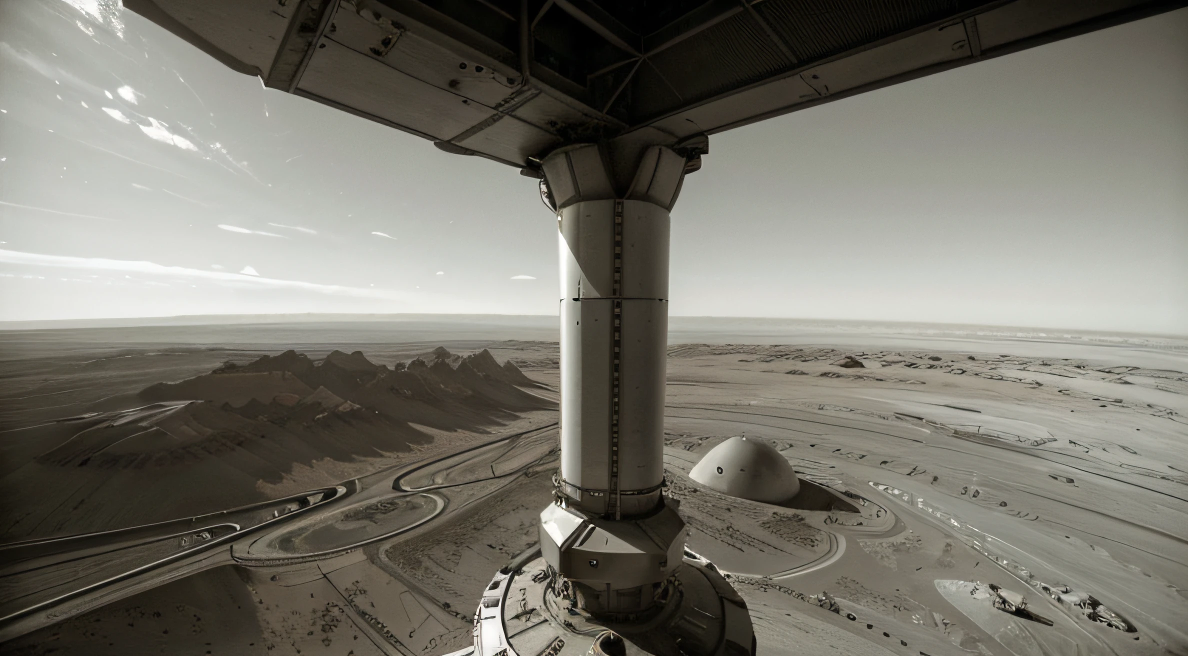 Looking down on Mars,Many industrial robot arms are building streamlined scientific research buildings and roads,Bridges,High-tech aircraft flying in the sky,Mars daytime,Robotic arm details,basic architectural details,super wide shot,High realism,lightand shade contrast,