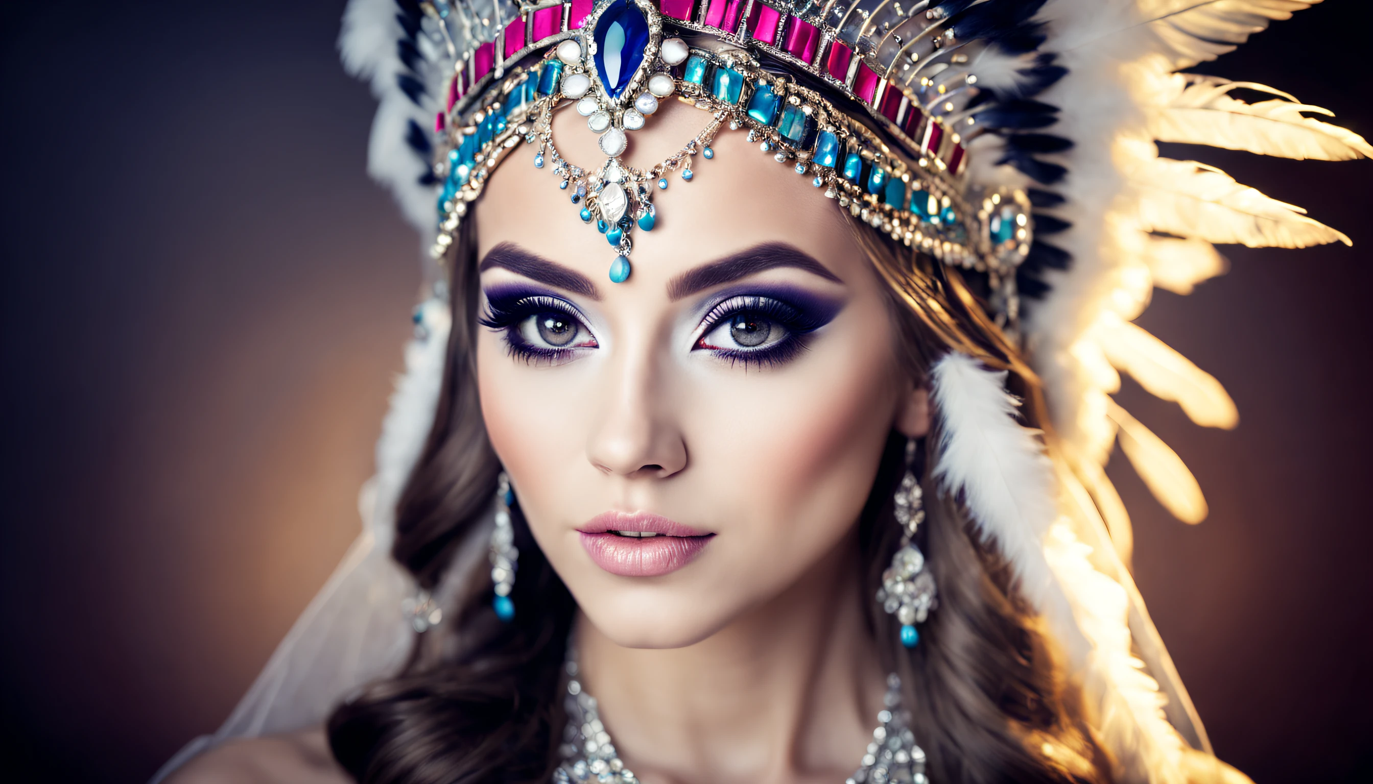 beauty makeup photo with beautiful headdress, in the style of vignetting, self-similarity, UHD, 16k