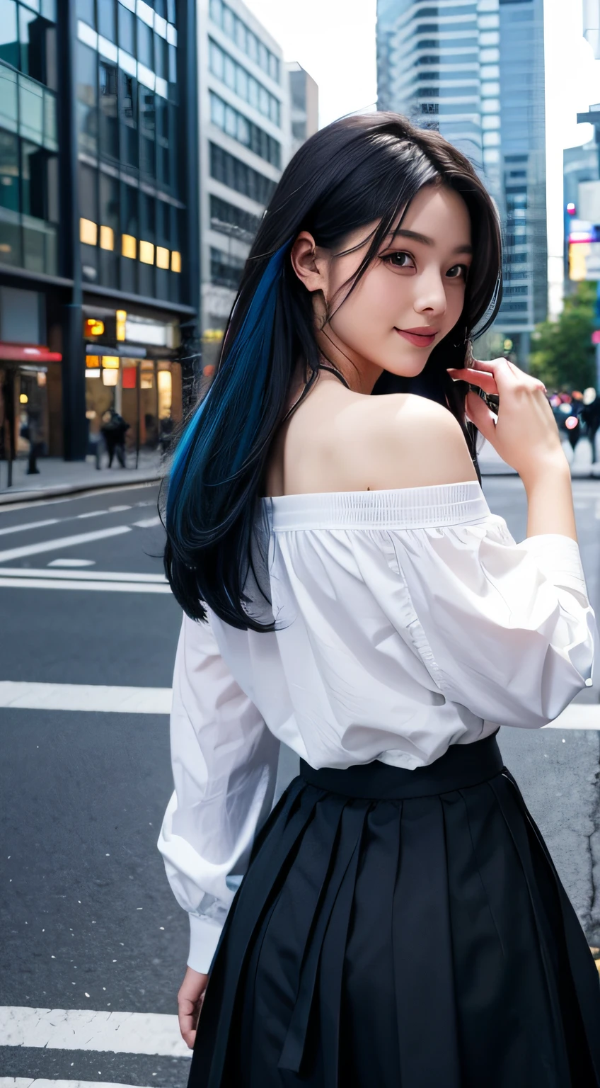 1girl in, Black_Skirt, Blue_hair, building, city, Cityscape, hair_Bland_Eyes, Jacket, up looking_で_viewer, Medium_hair, Multicolored_hair, multiple_Boys, Night, Off_Shoulder, Outdoors, pleats_Skirt, mountain road, Shirt, Skirt, Skyscraper, Smile, Solo_Focus, Street, white_Shirt, view from back、