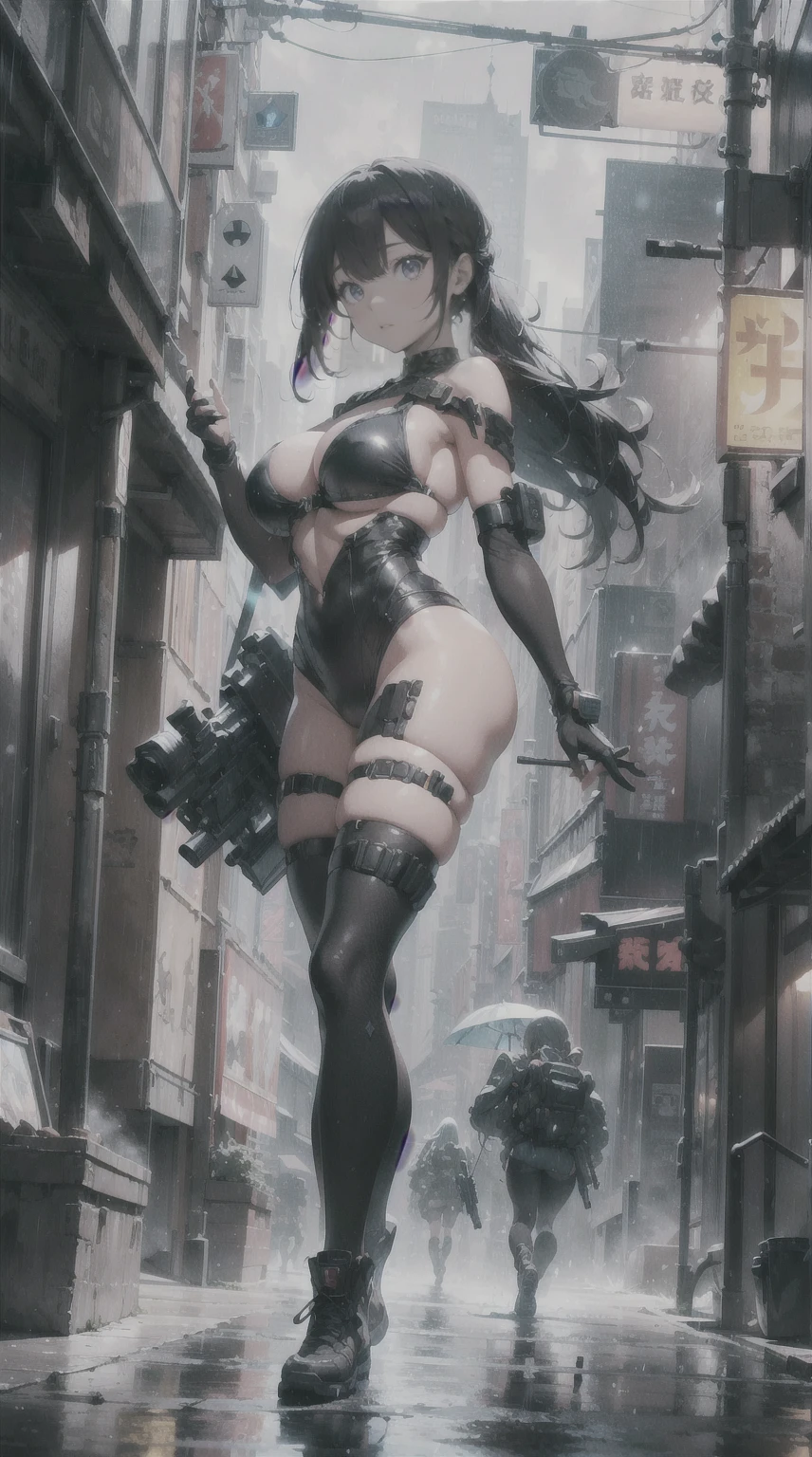 A stunning futuristic photograph Showing The Full Body of a beautiful Caucasian military lady with dark, flowing hair, dressed in a futuristic fashion bikini top and tight booty shorts, donning stylish sunglasses and fashion couture military boots. She confidently holds a massive cyberpunk-style sniper cannon over her right shoulder. The scene is set in an intricate cosmic futurism environment, filled with whimsical surroundings and ethereal liquid light particles that rain vivid light everywhere. The artwork is executed in an amazing hyperrealistic style, capturing every intricate detail flawlessly. The image quality is at its best, with UHD, HDR, DOF effects, and shot with a DSLR camera capable of 8K resolution. The artist used the Fujifilm X4.Manga and Counterfiet-V3.0 techniques to create this mesmerizing masterpiece.