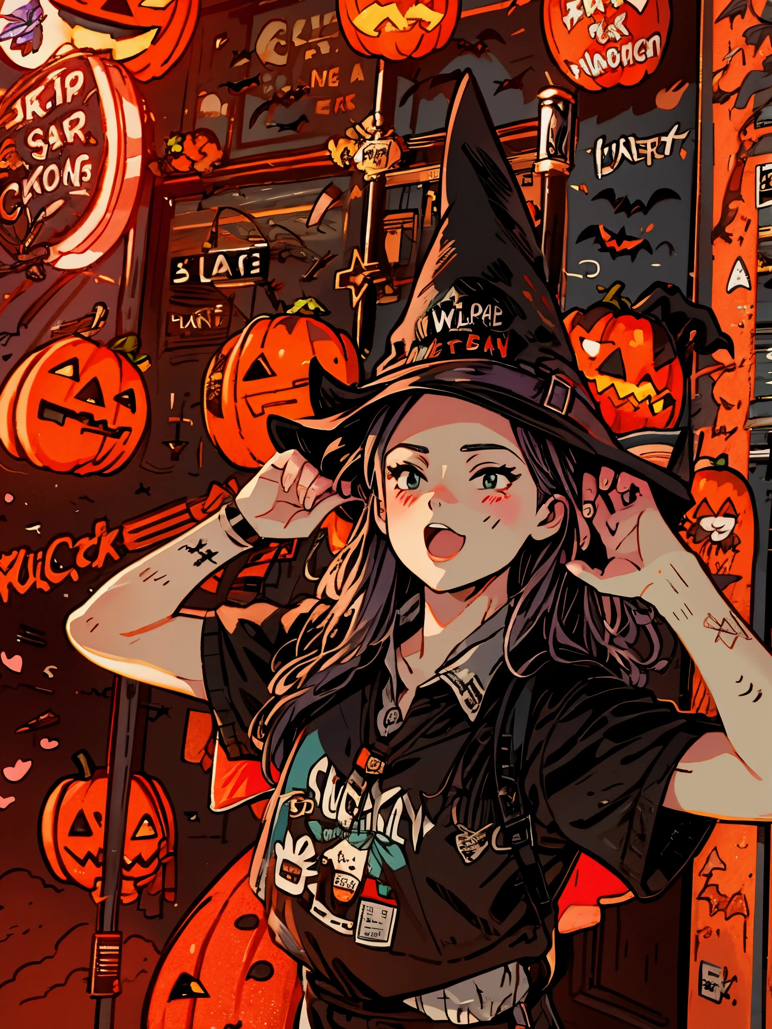 wearing a blacked shirt、With a hat on、, wearing black witch hat, , Witch hat, pointed black witch hat, witch woman, a witch's hat, in a halloween style, Graffiti poster style anime two-dimensional gentle style