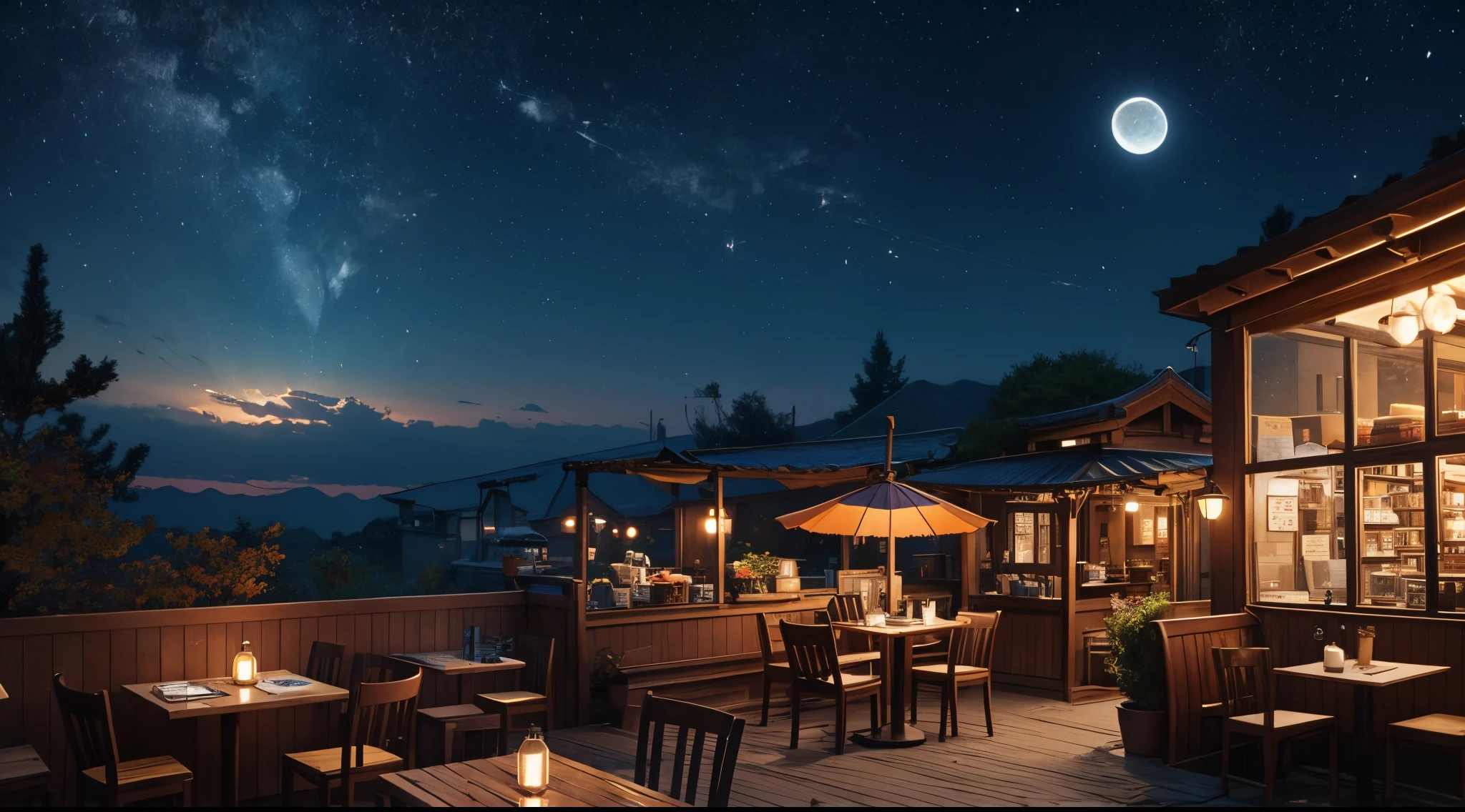 kosmos、meteors、a moon、Fantasia、autumnal、A small cafe with a clutter of miscellaneous goods、A few guests、drinking a cup of coffee