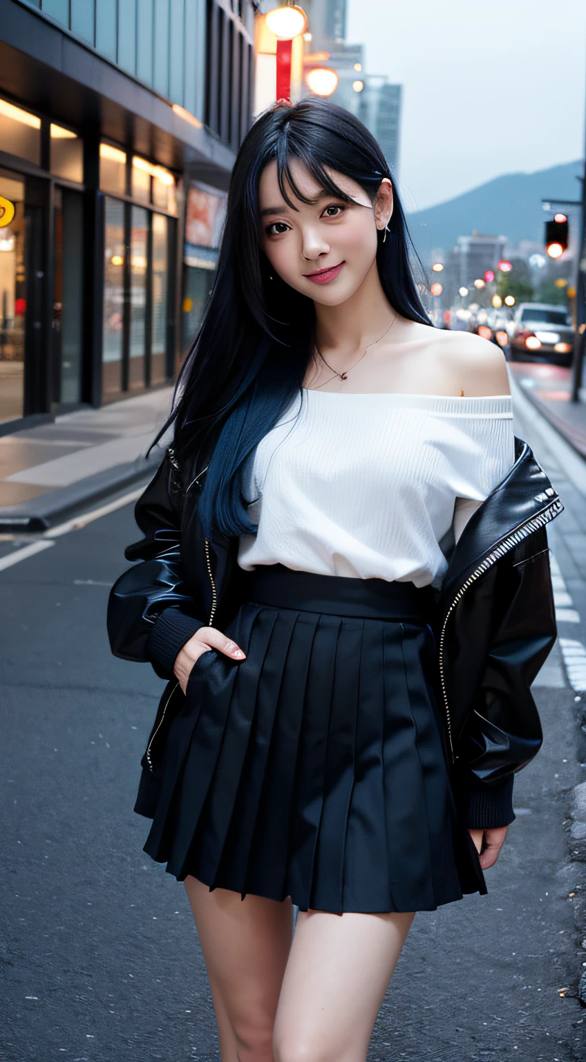 1girl in, Black_Skirt, Blue_hair, building, city, Cityscape, hair_Bland_Eyes, Jacket, up looking_で_viewer, Medium_hair, Multicolored_hair, multiple_Boys, Night, Off_Shoulder, Outdoors, pleats_Skirt, mountain road, Shirt, Skirt, Skyscraper, Smile, Solo_Focus, Street, white_Shirt