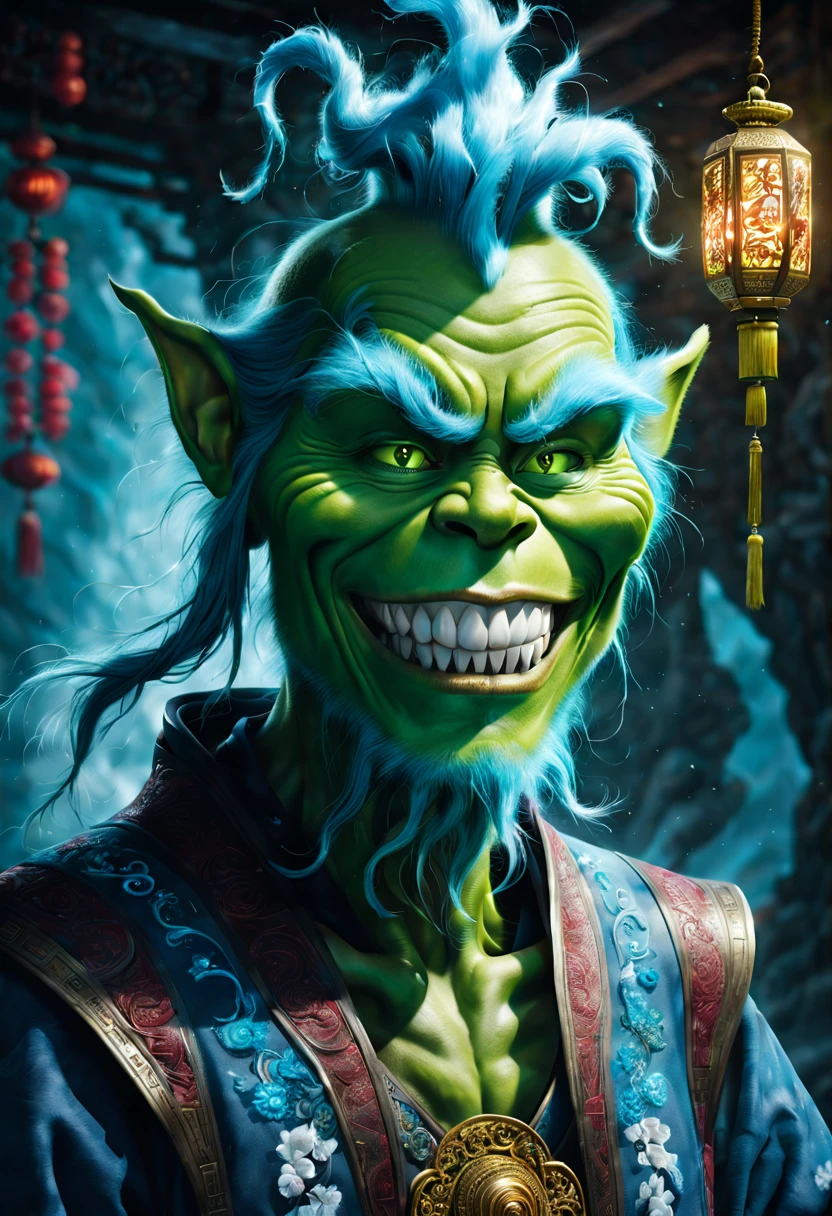 Grinch,(The Grinch:1.5,Grinning),Holding the green vortex of light and darkness,detailedfacialfeatures,Ethereal imagery,mechanical design,Cybernetic sci-fi style,skeleton,crying engine style,A technological marvel,Ghost Core,Strong emotional impact,focus on joints/connections,They thrive in obscurity,Heavy metal embroidery,In the style of a technical shaman,Ethereal atmosphere,Dark gray and blue,Canon EOS 5D Mark IV,New mosaic,sci-fy,skeleton,The style of Unreal Engine 5,Chinese tradition,plum,Capture lighting effects,North and South Dynasties,detailedfacialfeatures,Animated GIFs,The Magician 3 Jassie McGaw,The style of Unreal Engine 5,Influenced by ancient Chinese art、Spiritual figures、animated energy、light blue and white、real time transmission、Master the influence of Tenebrianism,Raw energy,Surreal water,swirles