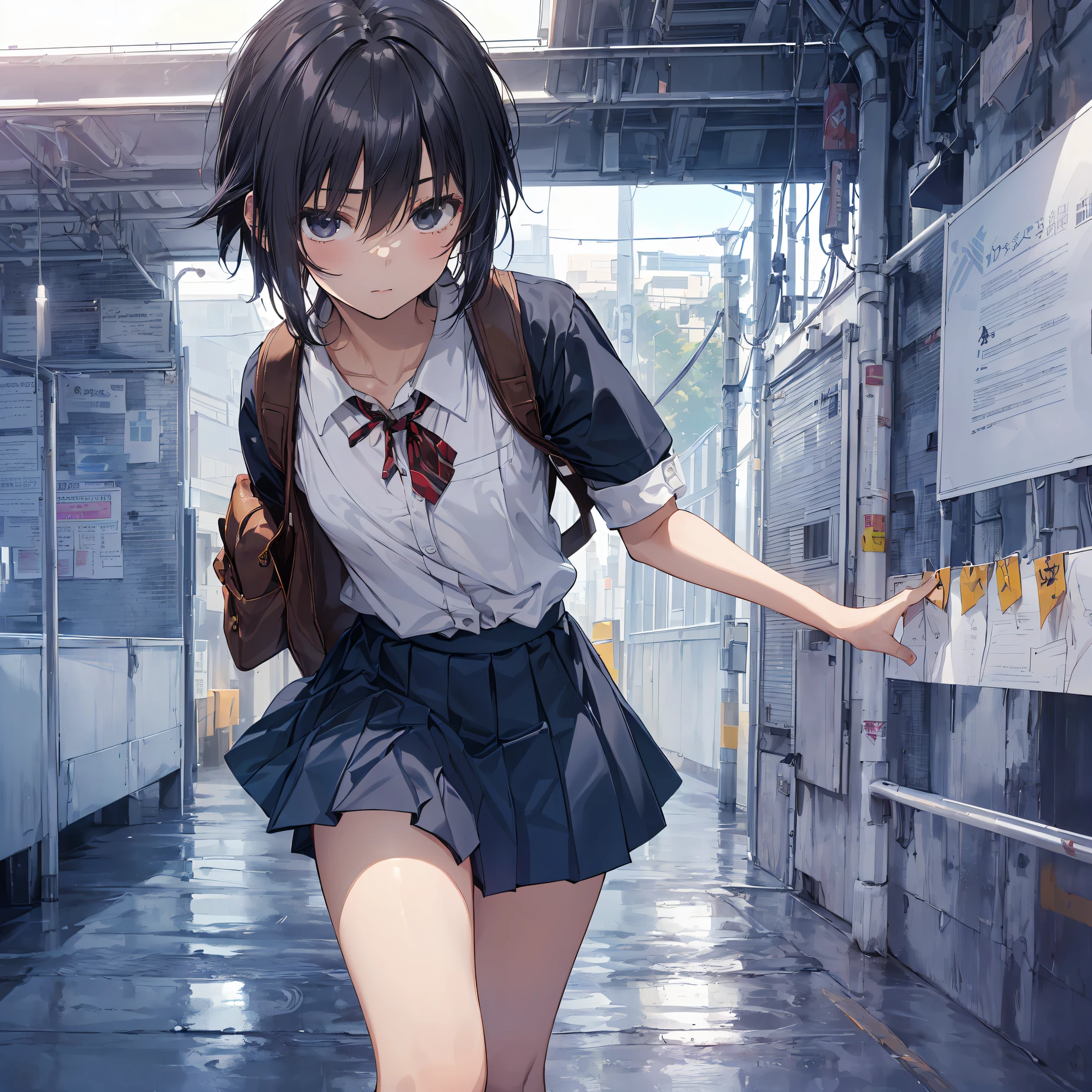 ((top quality, shinkai makoto style,ultra-detailed,high resolution,extremely detailed CG,unity 8k wallpaper, by famous artist, perfect anatomy, super detailed skin, cinematic lighting, UHD, retina, anatomically correct, 16k, 1080P)),break,(Please draw a girl walking sleepily to school. :1.3),break, 1girl, (Solo,Loli face,13-year-old:1.5),a junior high school student, androgynous charm, (Very Short hair), Full limbs, complete fingers,flat chest, Small butt, groin, Beautiful detailed black eyes, disgusted eye, school Uniform, skirt,(Detailed Lighting), (Detailed background), (in the School commute route),