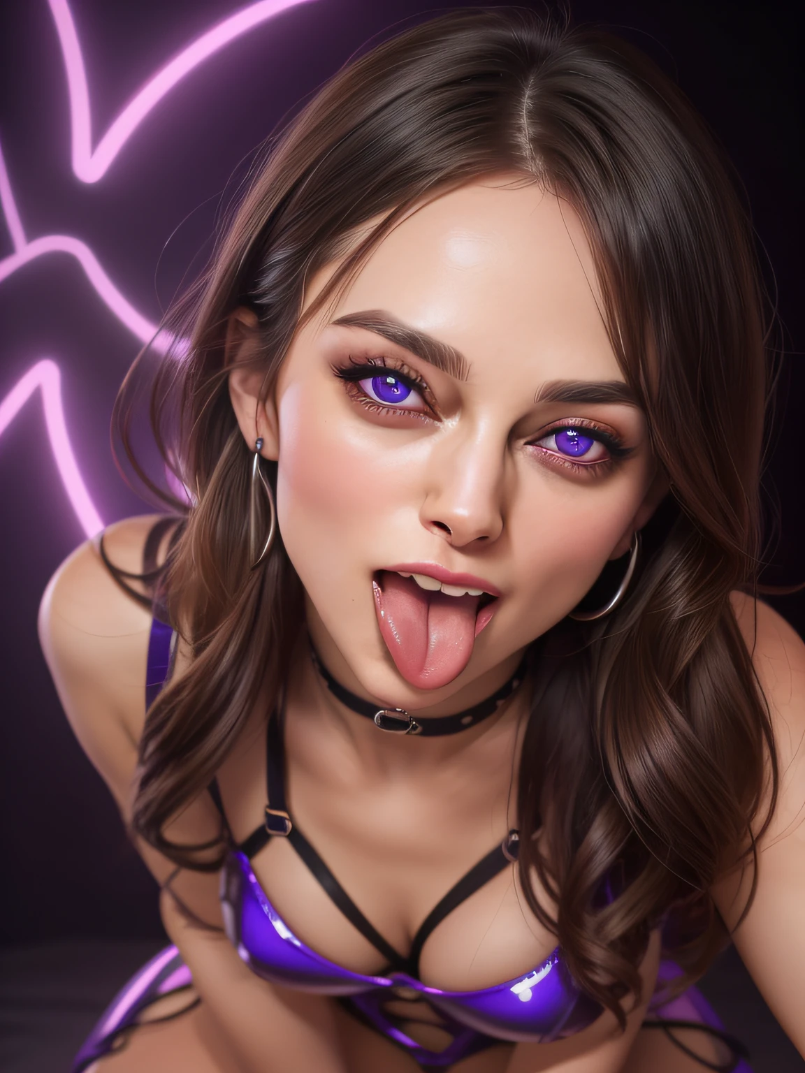full body photo of Keira Knightley, NeonHypnoPMV ,intricate revealing laced latex Dance dress, slutty seductive face, blissful, enjoying,ecstatsy, (best quality,4k,8k,highres,masterpiece:1.2), ultra-detailed, (realistic,photorealistic,photo-realistic:1.37),Rave Girl, mdma, pheromones, corruption, purple_eyes, glowing eyes, hypnotized, mind control, onlyfans, battlestation, GirlfriendMix2,(tongue sticking out, seductive face, slutty smile, kinky face), ahegao