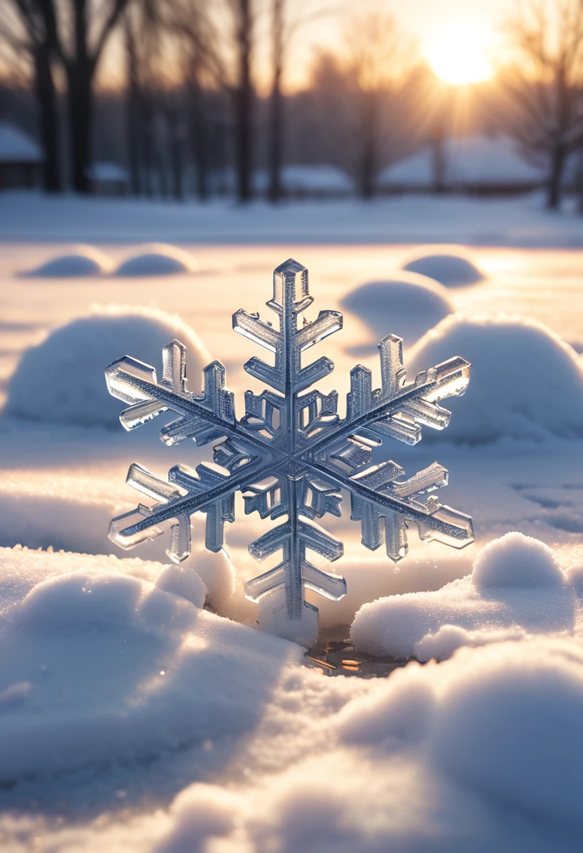 Snowflake shape, transparent look of snow and ice, placed in the snow, the sunset sun shines on the ground, render, Canon camera, real shooting, realistic, clear focus, natural light, HD 8k