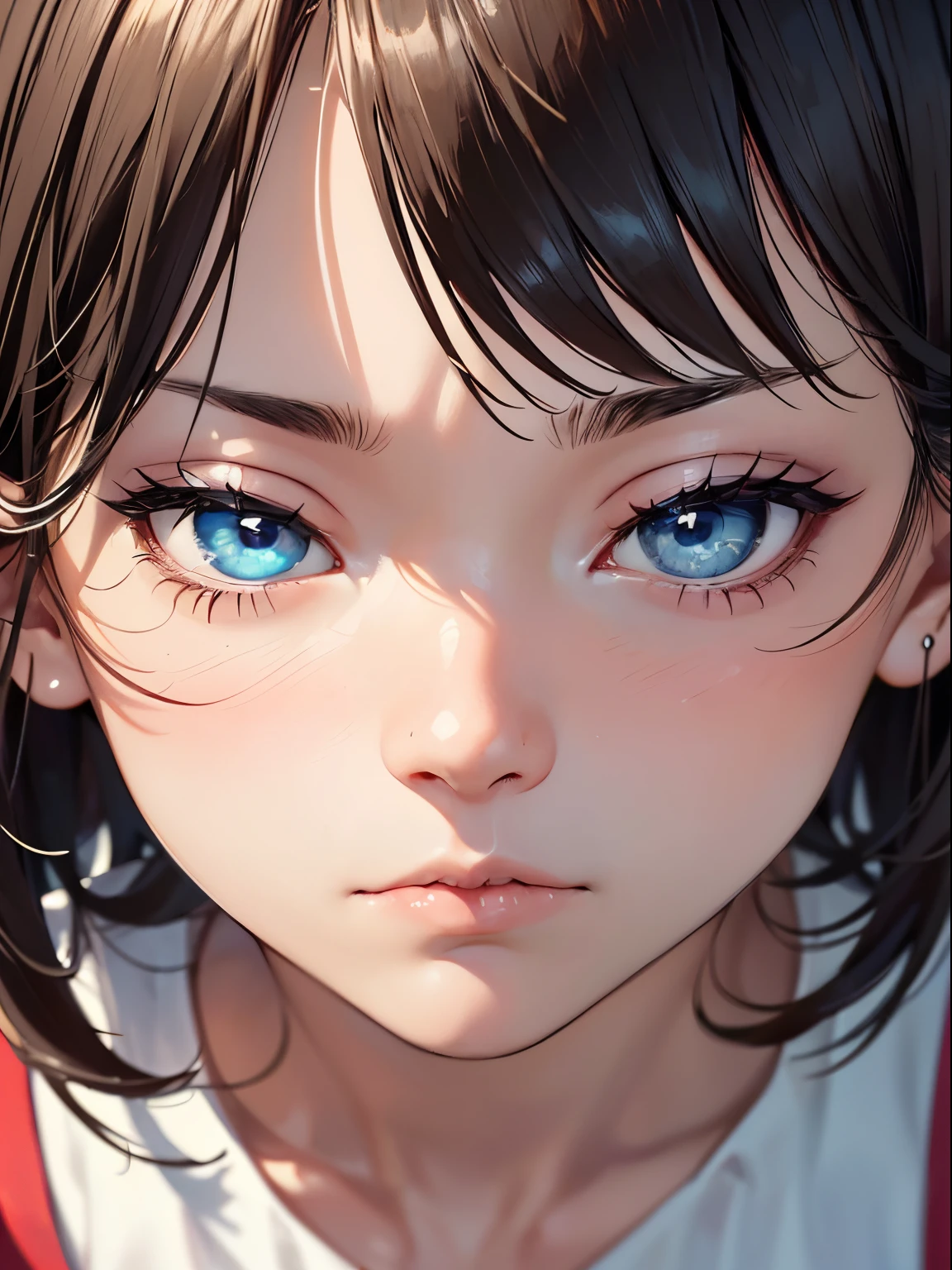 ((1 girl))、((face close-up:1.3))、((closed eyes))、((pov))、((troubled face:1.3))、((from above:1.2))、all fours、looking up、open-mouthed, gaping, gasping for air、realistic skin、perfect eyes、best quality、ultra resolution、digital illustration