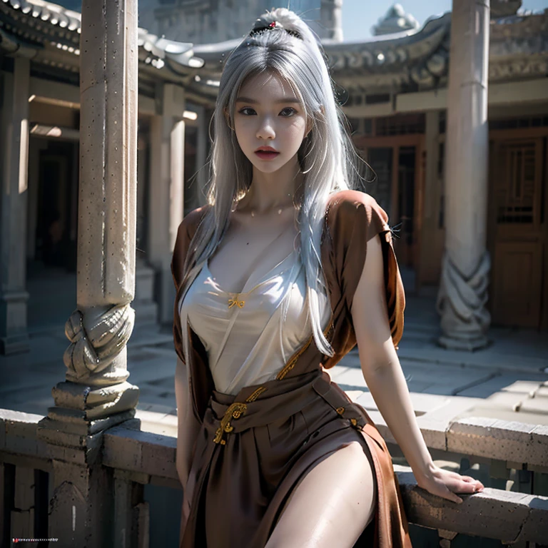 ancient Chinese style mythology,Fantasy novels,Beautiful CG monk,Chinese woman,White-haired witch,faeries,Large breasts ,That's great,Ultra HD Wallpapers Best Quality, 4K, 8K, A high resolution, tmasterpiece:1.2), ultra - detailed, 18,smokes, Wear Chinese costumes and drink to become more beautiful