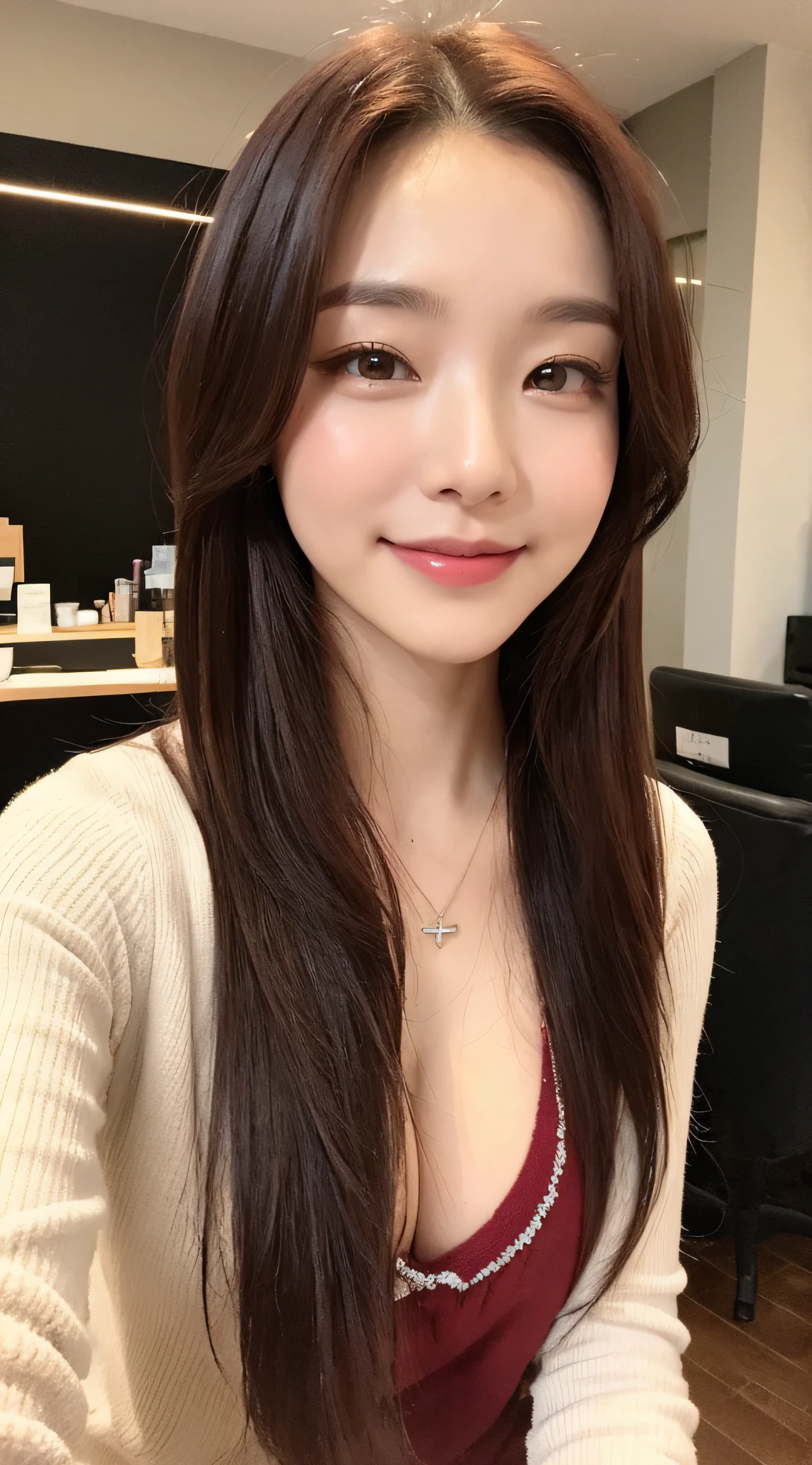 ((Best quality,8K,tmasterpiece:1.3)),Beautiful Women in Perfect Figure:1.4,Layered Hair Style,Burgundy hair,mediuml breasts,Wearing a pendant,liveroom(the detail,Talk to customers),Highly Detailed Face and Skin Textur,A detailed eye,二重まぶた,Meticulous smile,There are small dimples in the details,(in a panoramic view,liveroom,人物,papers,The is very detailed)