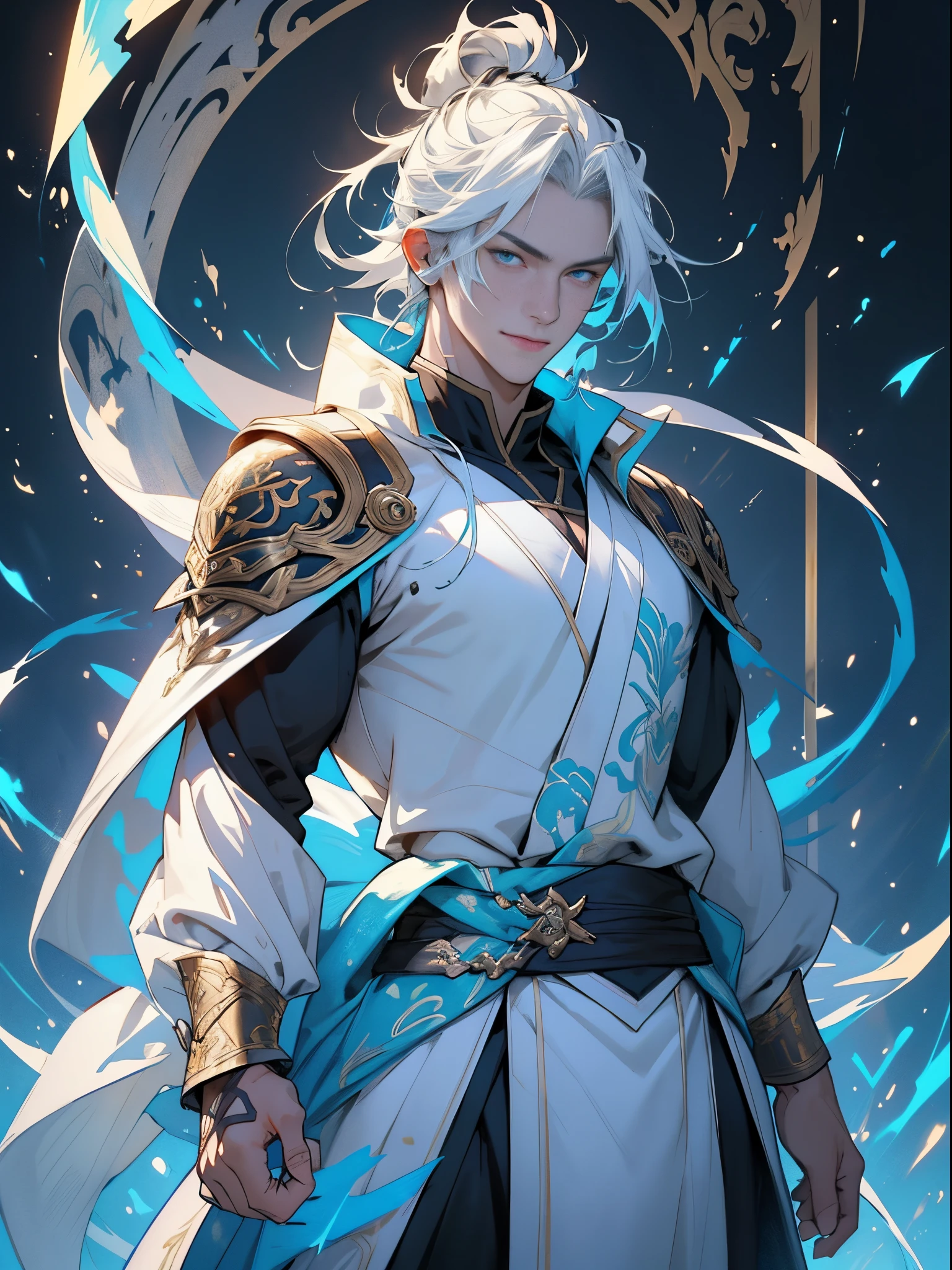 A Chinese man,standing full-body,Black shoulder armor,(Whole-body proportions),style of anime,(Holding feather fan in hand),(Whole-body proportions)The proportions are correct,Face details,(glowing light eyes),Grim expression,High ponytail hairstyle,Neck details,Gold pattern,Fine details,long white robe,white and green robe,clothes details,surrender,longer sleeves,Game quality,sword fight,Light and shadow tracking,Ray traching,Detailed luminescence,cg render,hair detail,(Long white hair),blue colored eyes,Handsome,Handsome,(Middle age),Clothing is complicated,Perfectcomposition,Refinement,high high quality,More detailed,A lot of detail,The background is complex,a sense of atmosphere,solid black background,high high quality