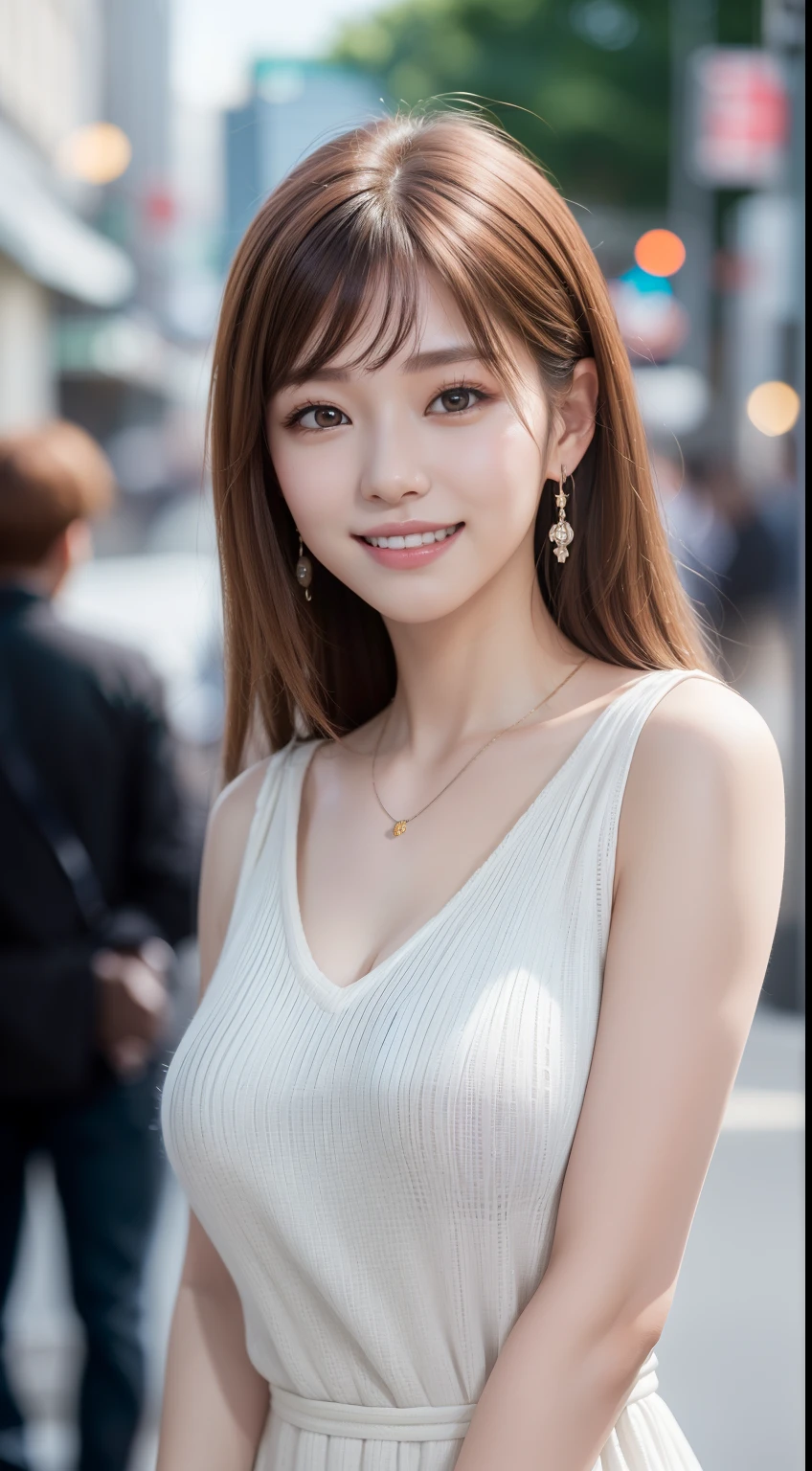 8K, masutepiece, Raw photo, Best Quality, Photorealistic, Highly detailed CG Unity 8k wallpaper, depth of fields, Cinematic Light, Lens Flare, Ray tracing, (Extremely beautiful face, Beautiful lips, Beautiful eyes), intricate detail face, ((Ultra detailed skin)) 1girl in,  deepshadow, Pretty Korean girl, Kpop Idol, 1 girl, ((Looking at Viewer)),(Big smile:1.3), (Blurred background), Dim light), (No people in the background:1.3), Beautiful earrings, Bracelets, a necklace,  Clear eyes, street snap , Front shot, (pale skin), (Big eyes),  (Body Half Body Shot), (Brown hairs), White knitwear,