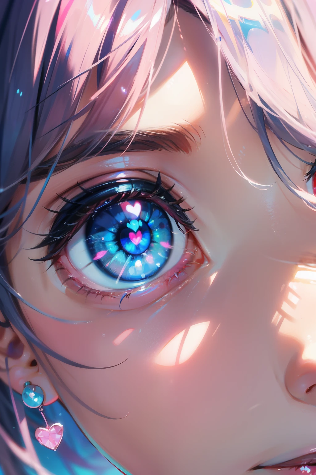 1 girl, Blue eyes, There&#39;heart in your eyes、eyes close up, pink reflections,close up of one eye、