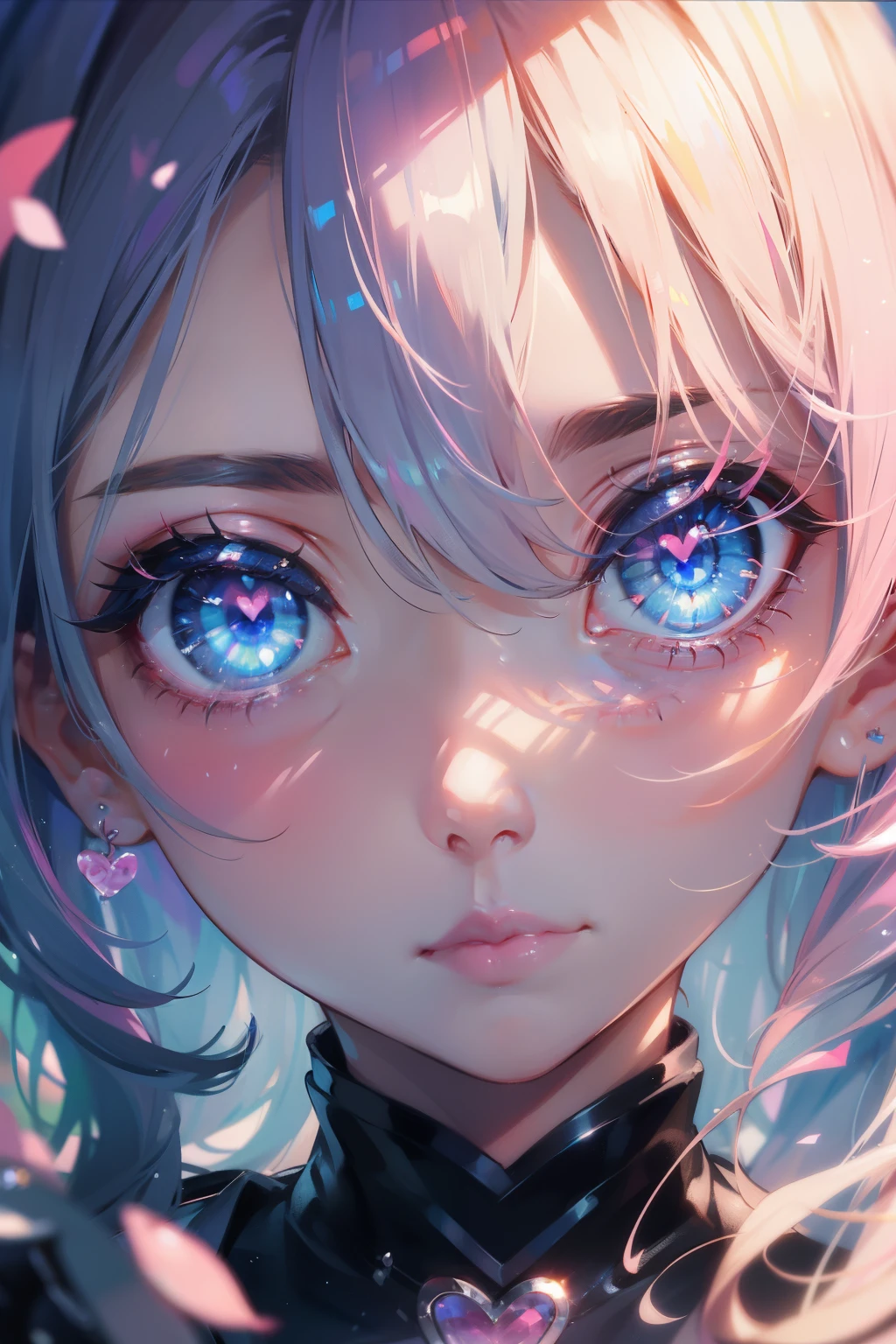 1 girl, Blue eyes, There'heart in your eyes、eyes close up, pink reflections,close up of one eye、