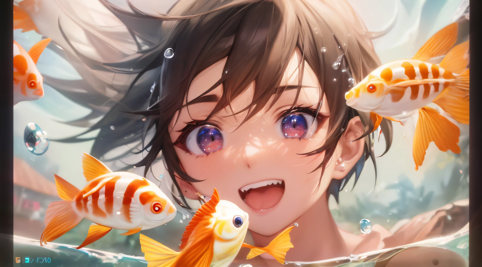Cartoon boy with fish in water with air bubbles and bubbles, Guviz-style artwork, detailed digital anime art, Anime art wallpaper 4k, Anime art wallpaper 4k, Popular topics on artstation pixiv, 4k manga wallpapers, Anime art wallpaper 8 K, Anime style 4k, clean and meticulous anime art, makoto shinkai cyril rolando,opens his eyes wide