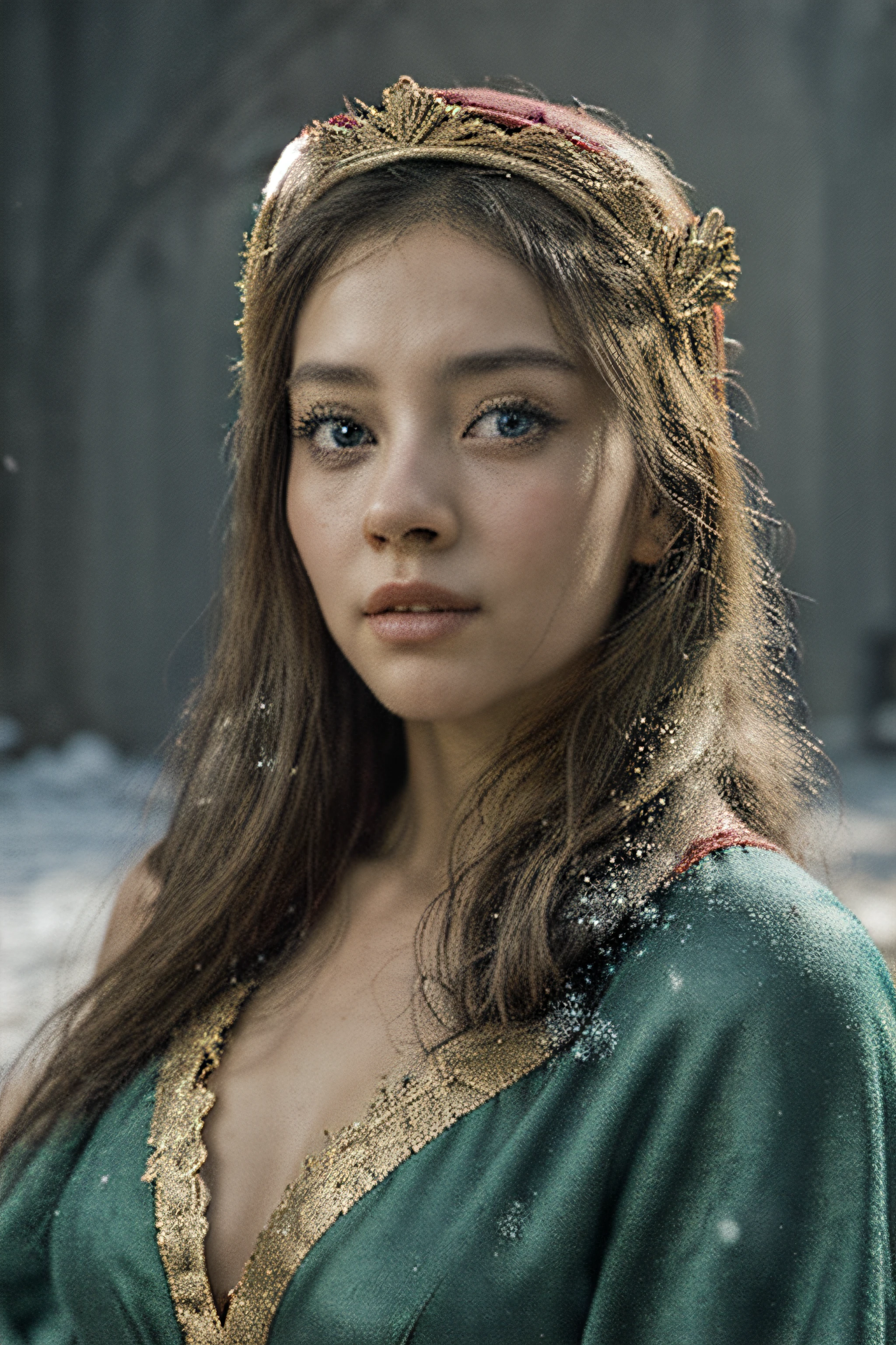 a beautiful empress portrait, blonde hair, perfect blue eyes, with a brilliant, impossible striking big Christmas headpiece, clothes Santa robes, everything Christmas, snow, symmetrical, dramatic studio lighting, rococo, baroque, greens, asian, hyperrealism, closeup, D&D, fantasy, intricate, elegant, highly detailed, digital painting, artstation, octane render, 8k, concept art, matte, sharp focus