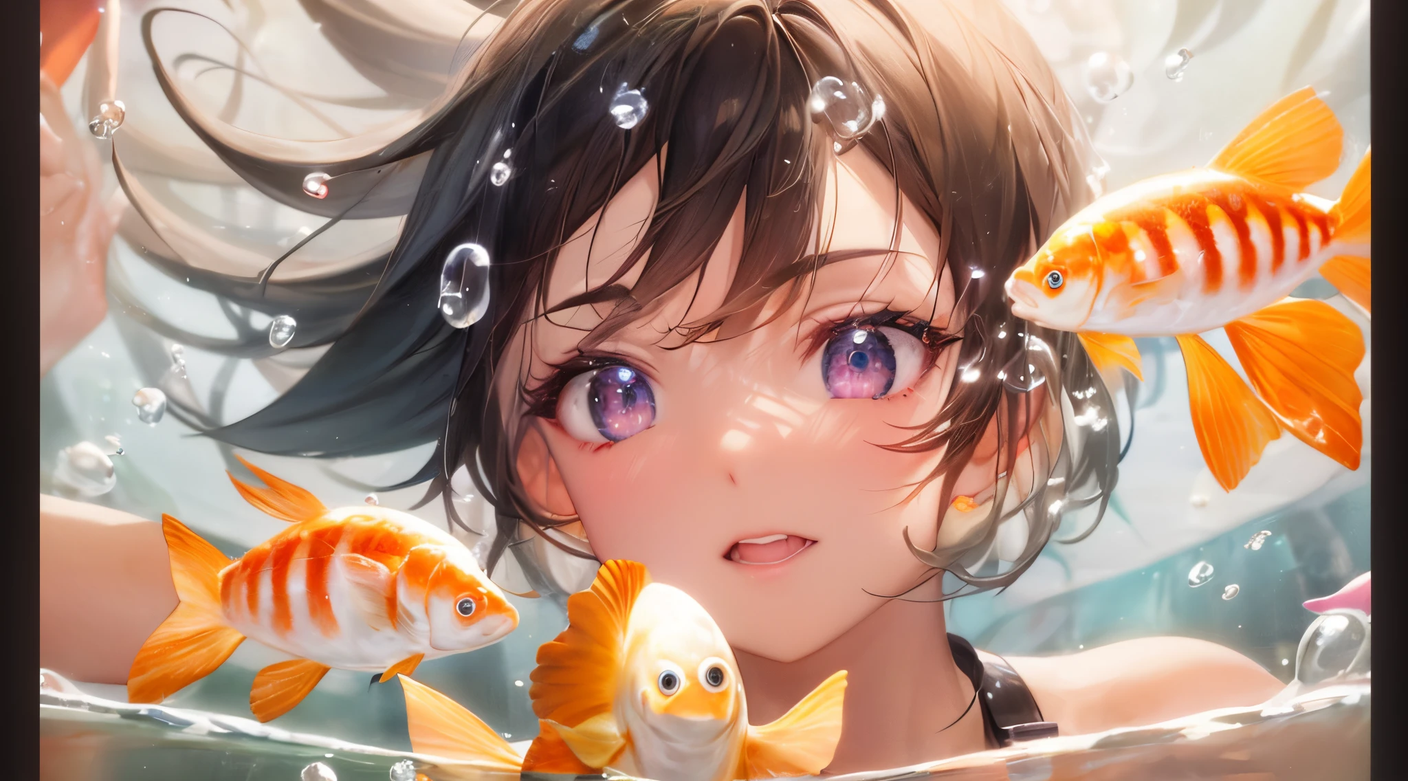 Cartoon boy with fish in water with bubbles and bubbles, Guviz style artwork, detailed digital anime art, Anime art wallpaper 4k, Anime art wallpaper 4k, Popular topics on artstation pixiv, 4k manga wallpapers, Anime art wallpaper 8 K, Anime style 4k, clean and meticulous anime art, makoto shinkai cyril rolando,Look to the left