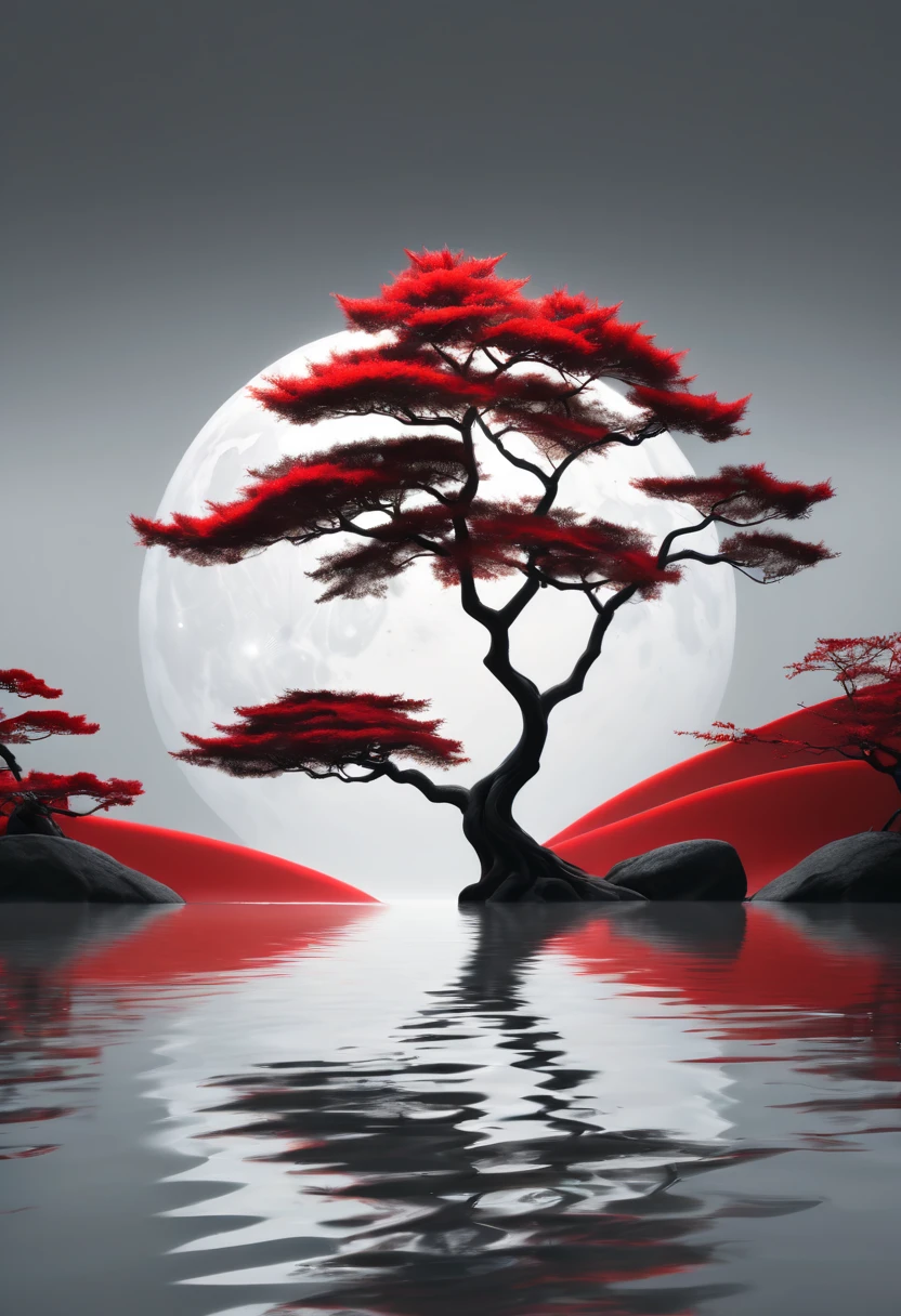 a tree in the water on a moonlit night, in the style of light gray and red, minimalist backgrounds, zen buddhism influence, animated gifs, minimalist figuration, passage, fish-eye lens