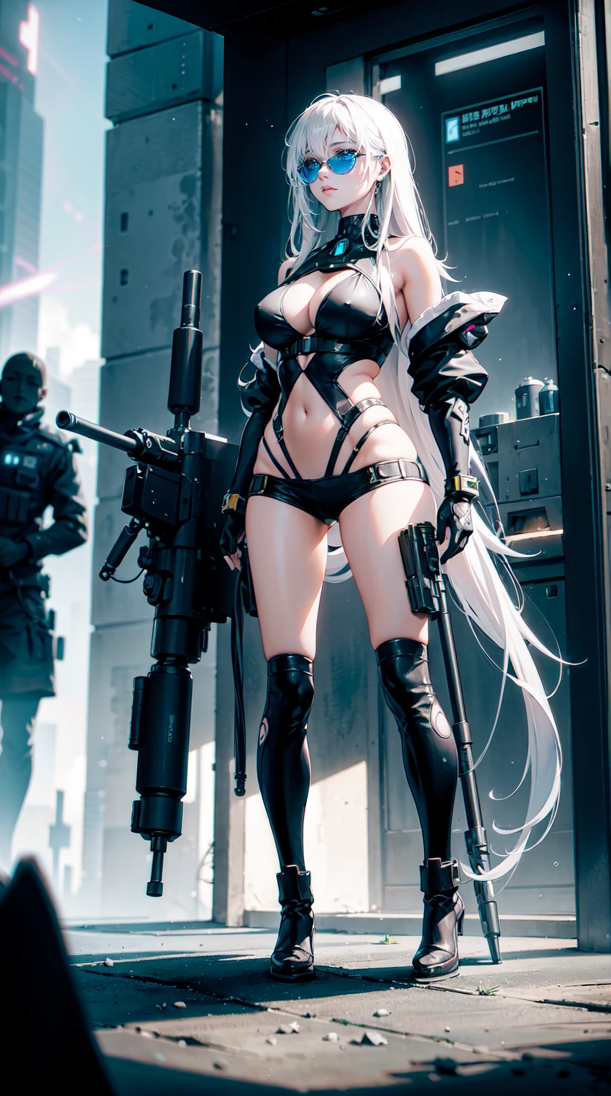 A stunning futuristic photograph Showing The Full Body of a beautiful Caucasian military lady with dark, flowing hair, dressed in a futuristic fashion bikini top and tight booty shorts, donning stylish sunglasses and fashion couture military boots. She confidently holds a massive cyberpunk-style sniper cannon over her right shoulder. The scene is set in an intricate cosmic futurism environment, filled with whimsical surroundings and ethereal liquid light particles that rain vivid light everywhere. The artwork is executed in an amazing hyperrealistic style, capturing every intricate detail flawlessly. The image quality is at its best, with UHD, HDR, DOF effects, and shot with a DSLR camera capable of 8K resolution. The artist used the Fujifilm X4.Manga and Counterfiet-V3.0 techniques to create this mesmerizing masterpiece.