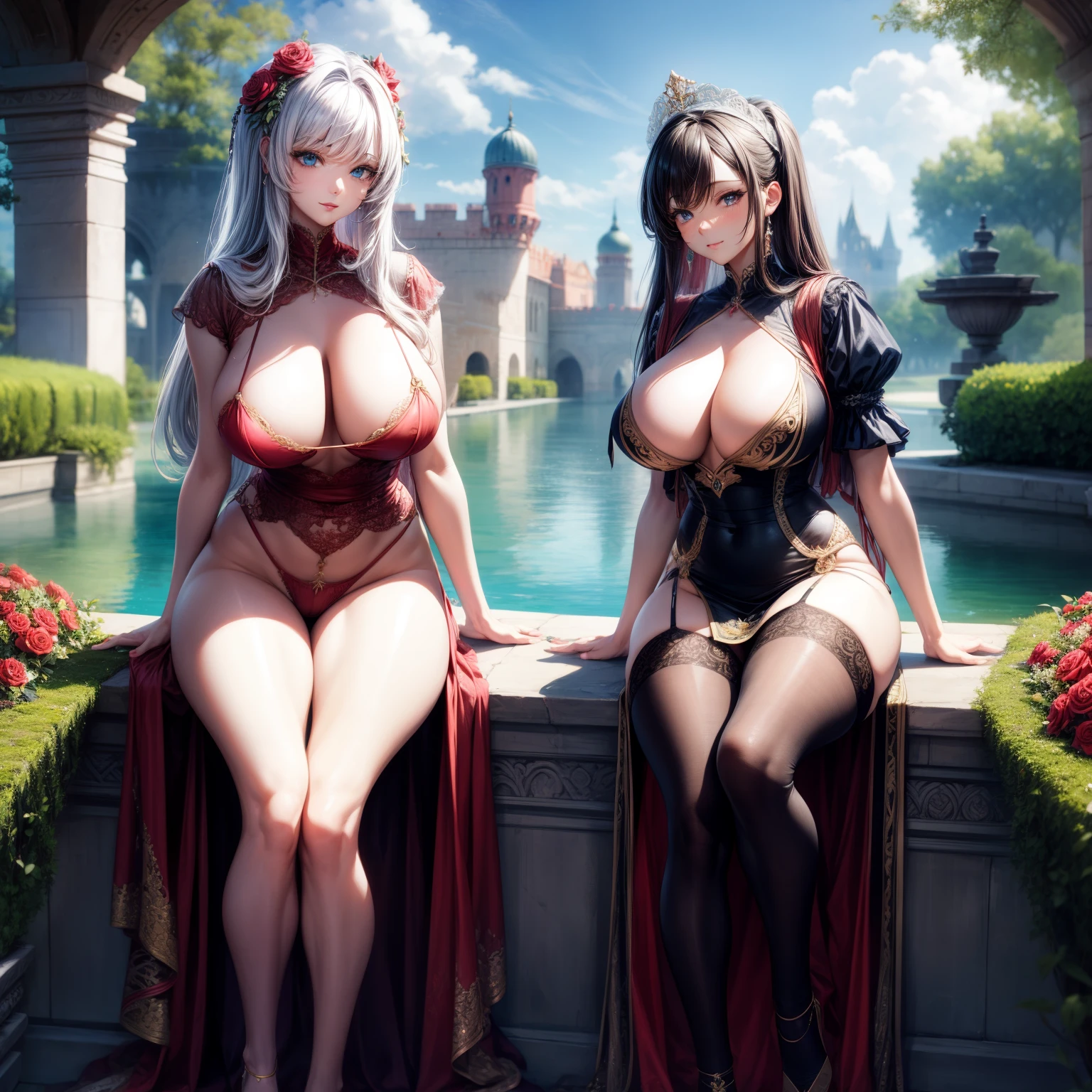 （8K ，hyper-detailing，ultra real photo，Best masterpiece，natural，Perfect artwork，Perfect female body），Two cute busty girls ，Hair color，（Big tits），In a splendid palace，Red rose decoration，stately fortress，Beautiful garden，Wearing a black tight-fitting dress，Sexy tight dress，ssee-through，Built-in thong，The cracks are relatively large，stretch the meat，Raised sexy，Flirtatious，obscene exposure ，Full body photo