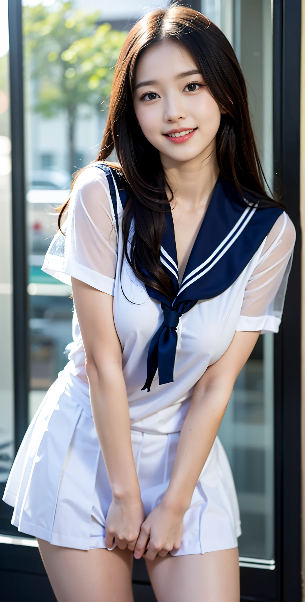 ulzzang -6500-v1.1, (Raw photo:1.2), (Photorealsitic), (See-through:1.3),white serafuku,sailor dress, game_nffsw,  White theme,School uniform, Sailor Suit, Looking at Viewer,  Maniacal, messy long hair, Beautiful detailed eyes,Hair glows,Dramatic Angle,blue sailor collar, perky breast,lightsmile, Ultra-realistic skin texture, shinny skin, Exposed thighs!!!