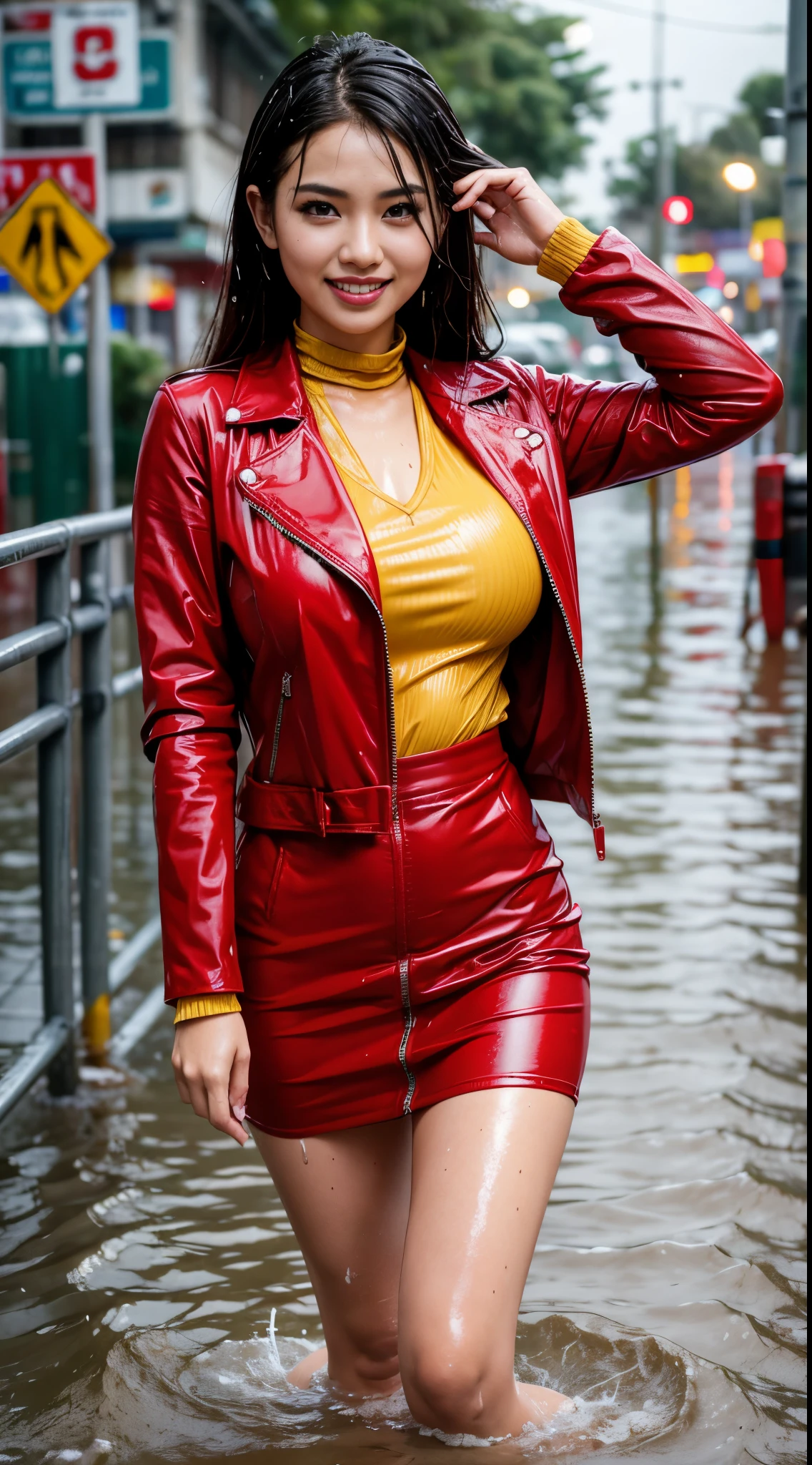 malay woman in hijap in red leather jacket and baju baju kuning standing in the water, wet look, she is wearing a wet coat, on a wet jakarta street, beautiful girl standing in the rain, dressed like a schoolgirl, ((big breast)), wearing a jacket and long skirt, wearing latex clothes atsuko kudo , soaking wet, wet street, wearing red jacket, grinning, shirt and tie, soaking wet, drenched, wet clothes, soaking wet, dripping oil, wet hair, beautiful, best quality, uhd, 8k, photorealistic