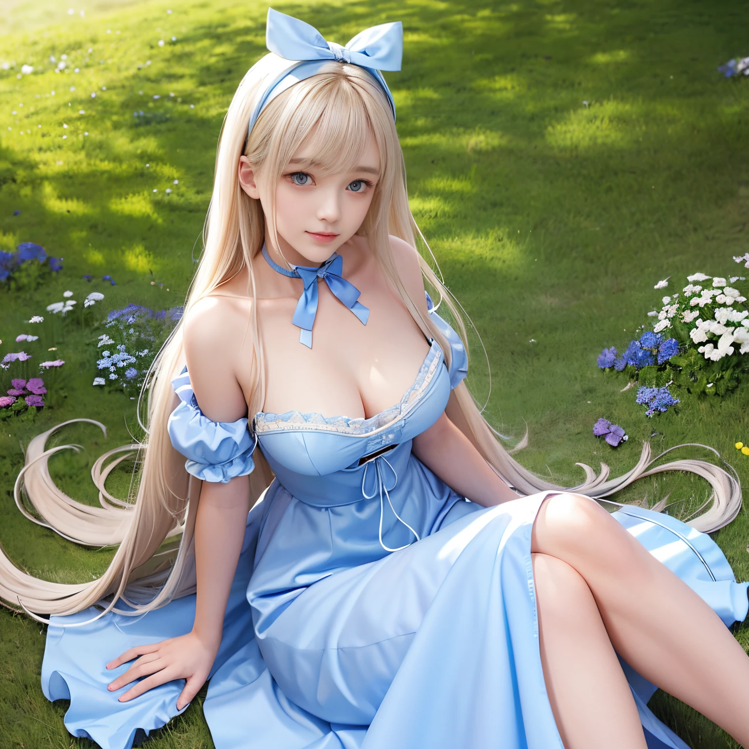 (Alice in Wonderland)、masterpiece、Ultra-realistic、Top image quality、Ultra-realistic、超A high resolution、8k photo、the ultimate beauty、Bright photo, the most beautiful and cutest girl in the world、A detailed face、Shiny white silky skin、alice in the wonderland、1beautiful girl、Beautiful bangs、Silky shiny platinum blonde super long straight hair、Beautiful, Clear, big lapis lazuli eyes、Big Beautiful Breasts、Lovely smile、White Apron、a blue dress、blue dress with open neckline、Big ribbon hair ornament、a choker、In the English garden、Sitting on the lawn、Comfortable、blown by the wind、Super long straight hair fluttering in the wind、