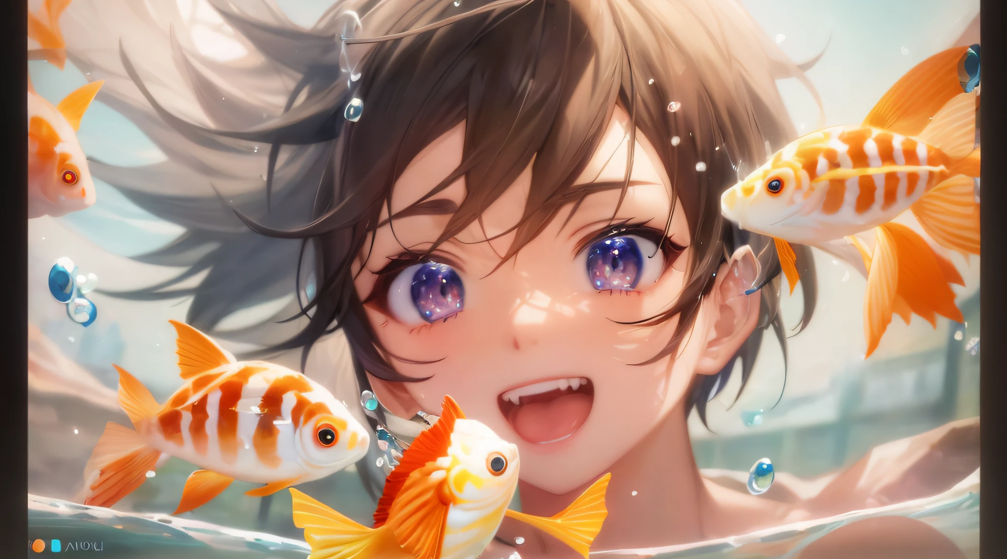 Cartoon boy with fish in water with bubbles and bubbles, Guviz style artwork, detailed digital anime art, Anime art wallpaper 4k, Anime art wallpaper 4k, Popular topics on artstation pixiv, 4k manga wallpapers, Anime art wallpaper 8 K, Anime style 4k, clean and meticulous anime art, makoto shinkai cyril rolando,Look to the left