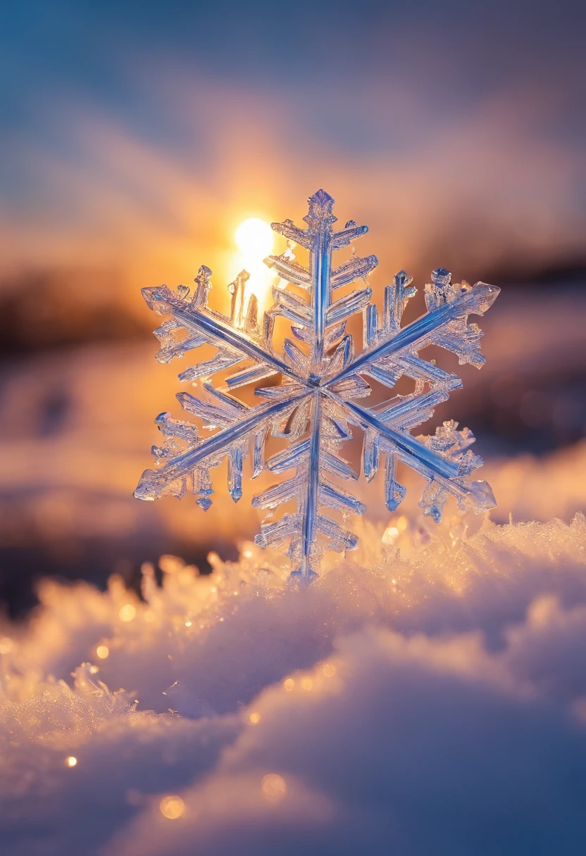 Snowflake shape, Ice and snow transparent appearance, place in snow, The sunset sunshine shines on the earth, Did, Canon camera, Live photos, actual, Clear focus, Natural soft light, HD8K