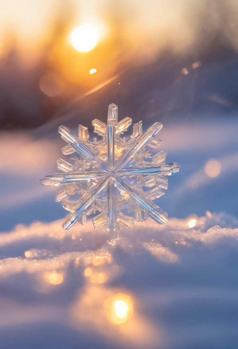 Snowflake shape, Ice and snow transparent appearance, place in snow, The sunset sunshine shines on the earth, Did, Canon camera, Live photos, actual, Clear focus, Natural soft light, HD8K