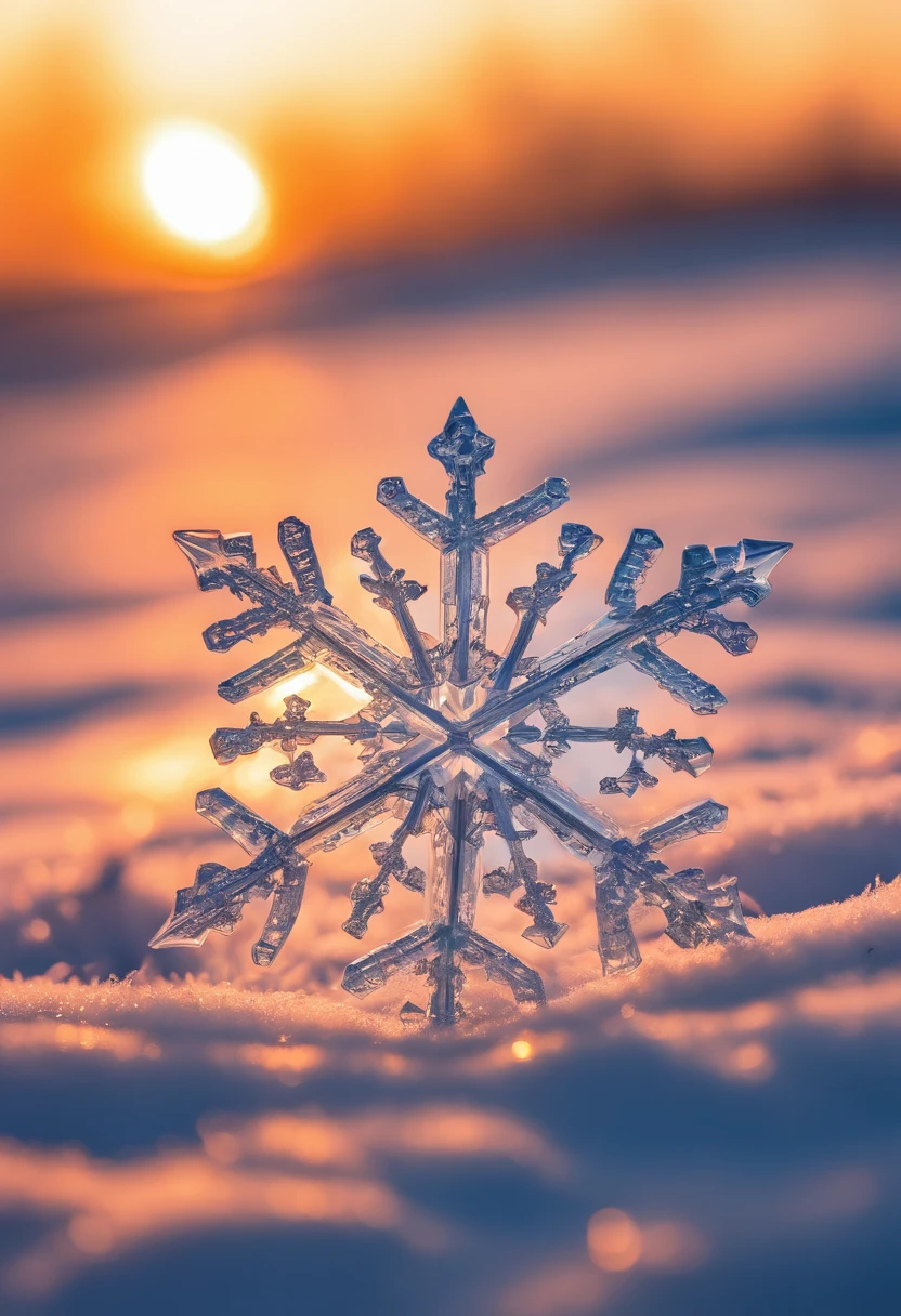 Snowflake shape, Ice and snow transparent appearance, place in snow, The sunset sunshine shines on the earth, Did, Canon camera, Live photos, actual, Clear focus, Natural soft light, HD8K