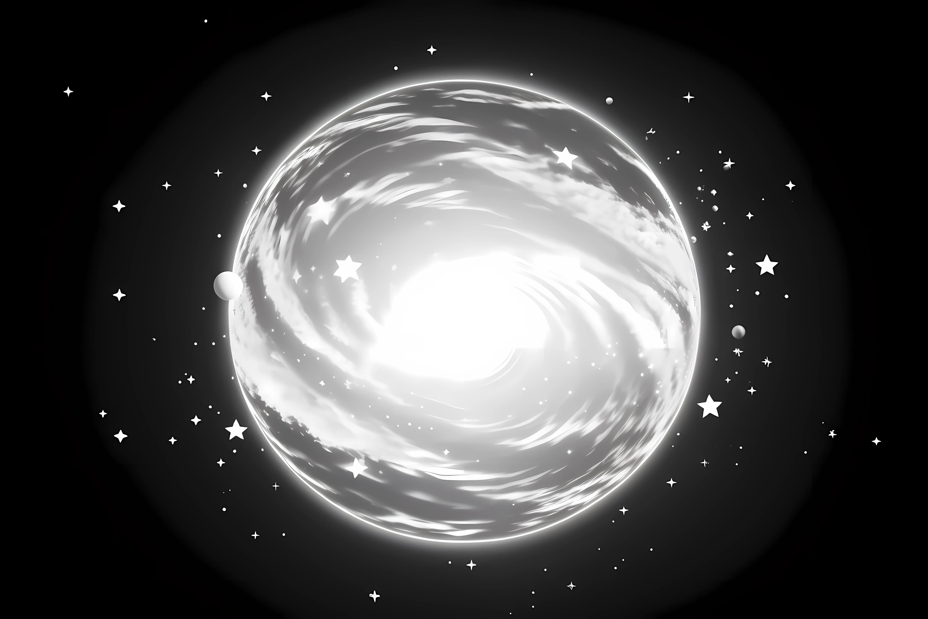 Sound wave, music rhythm, black and white gray, from black to white, ball, wave, Dolby music, (a planet surrounded by small stars revolving around it)