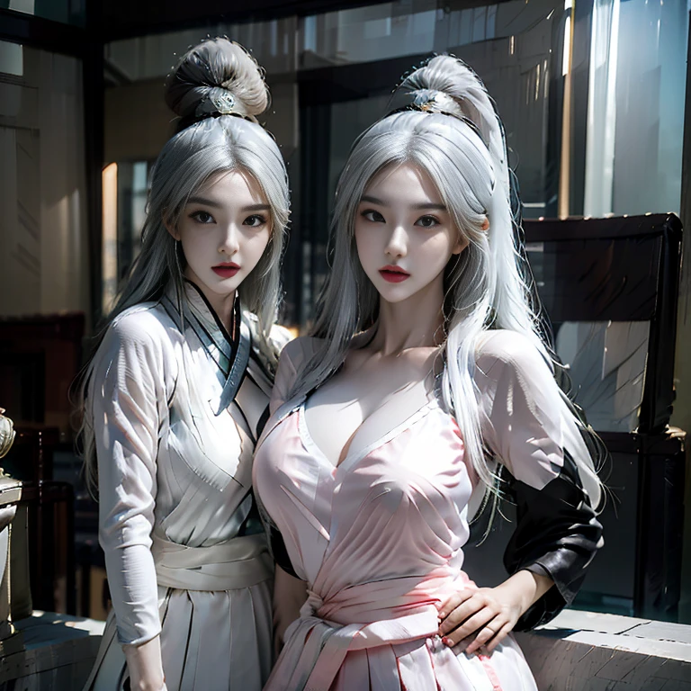 white hair,purple eye,twin,sexy chinese traditional clothes,36d