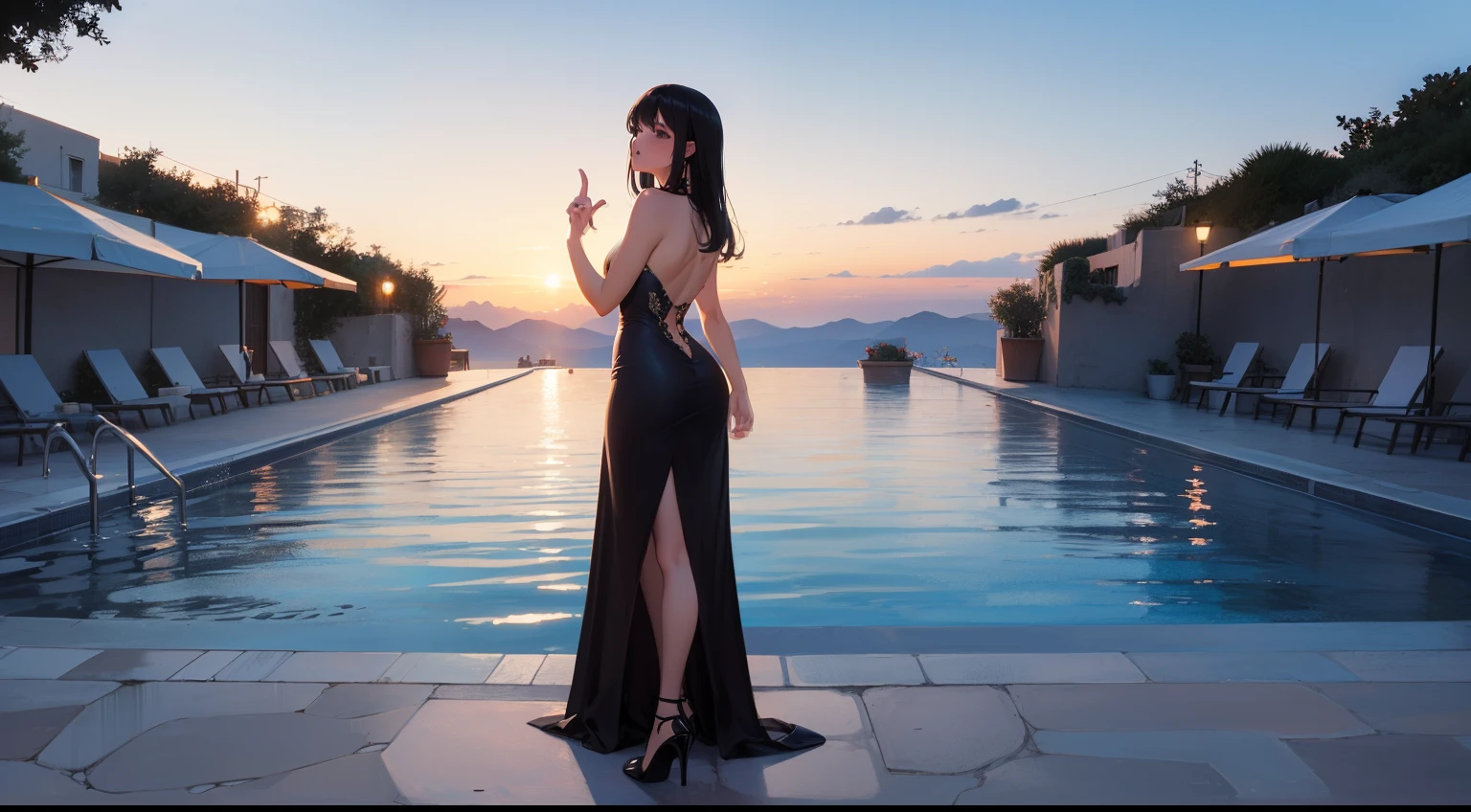 (2 girls), ((ultra-wide-angle,Full body standing painting,Lesbian, (Black hair), (shairband),(high-heels)), (Remlin:1), Ranji, (rem_praise, (coiffed blonde hair), ), (Long hair details)), (Put on a wedding dress), (Victory finger sign pose:), (Driving a yacht on the sea,Santorini island from the back) (Santorini background), (Santorini details), (Wide angle Santorini infinity swimming pool background)