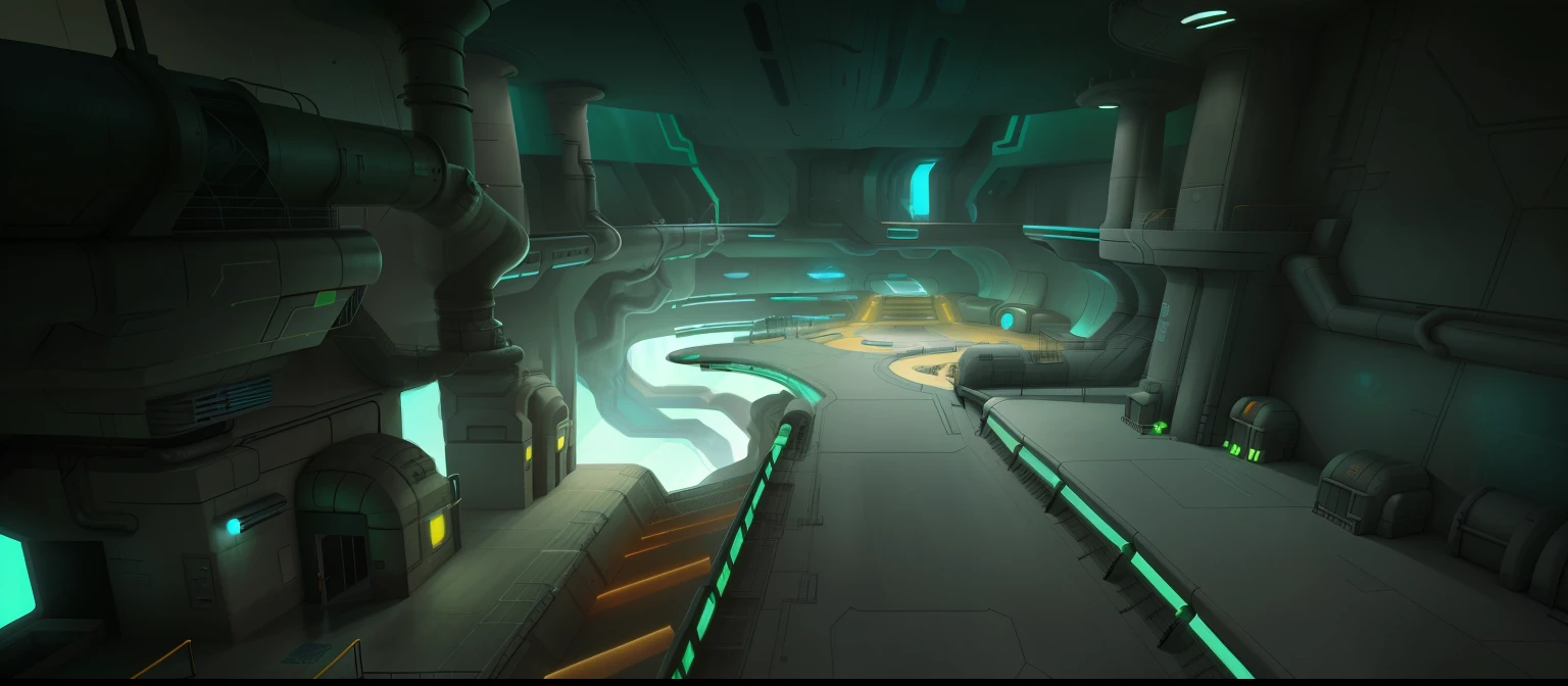 There is a cartoon picture，Above is a futuristic room with pipes, arte de fundo, Background jet ground radio, background artwork, Industrial Future Ice Mine, 2d game environment design, arena background, concept art for a video game, extraterrestrial setting, deep environment, scifi environment, videogame background, Spaceship corridor background, Fabulous huge space cave, 2D game art background