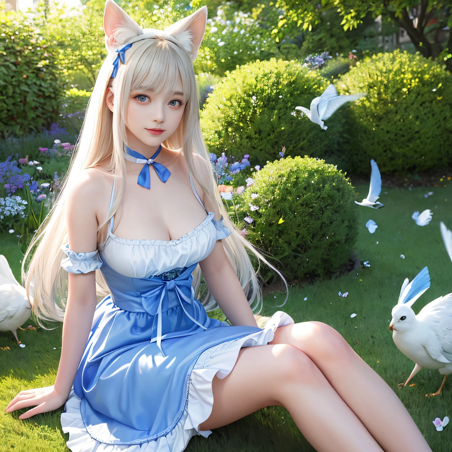 (Alice in Wonderland)、​masterpiece、Ultra-realistic、Top image quality、Ultra-realistic、超A high resolution、8k photo、the ultimate beauty、Bright photo, the most beautiful and cutest girl in the world、A detailed face、Shiny white silky skin、alice in the wonderland、1beautiful girl、Beautiful bangs、Silky shiny platinum blonde super long straight hair、Beautiful, Clear, big lapis lazuli eyes、Big Beautiful Breasts、Lovely smile、White Apron、a blue dress、blue dress with open neckline、Big ribbon hair ornament、a choker、In the English garden、Sitting on the lawn、Comfortable、blown by the wind、Super long straight hair fluttering in the wind、