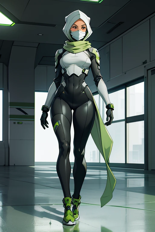 Fullbody of a beautiful, young woman wearing leggings, a grey and green long-sleeved skirted knee-length top, attached to a futuristic synthetic skintight grey and green headscarf with a facemask, in a sterile futuristic environment, with a pristinely white concrete floor.