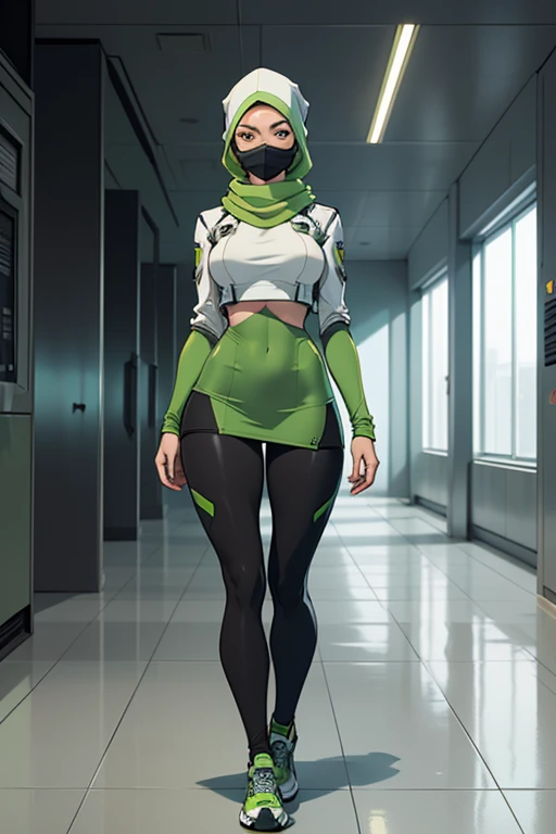 Fullbody of a beautiful, young woman wearing leggings, a grey and green long-sleeved skirted top, attached to a futuristic synthetic skintight grey and green headscarf , in a sterile futuristic environment, with a pristinely white concrete floor.