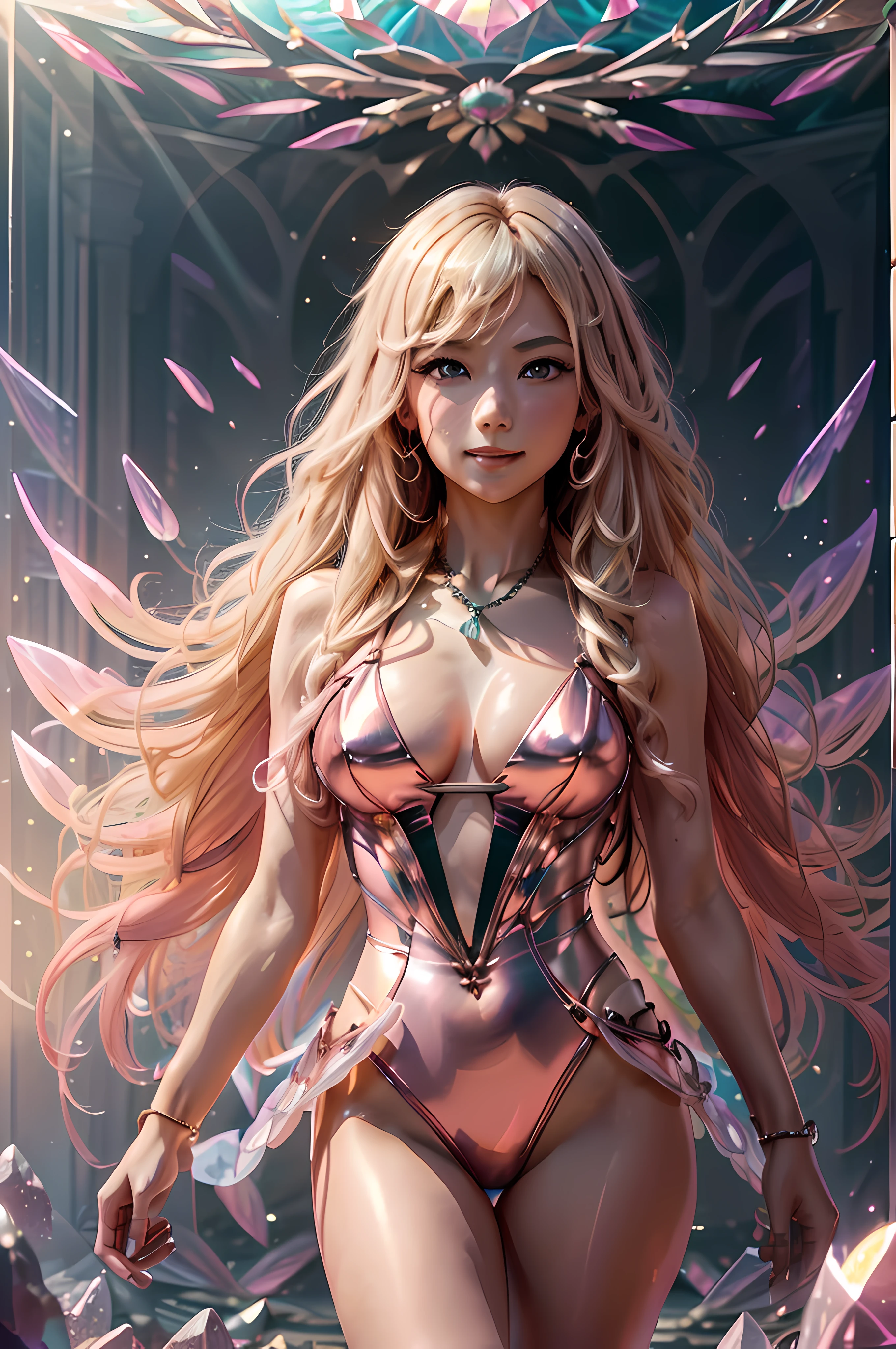 Seraph female waist shot, Convoluted, Slender face, Elegant, (Marin Kitagawa,Open your mouth,huge smile,gals,Platinum Blonde Hair, Long hair, multicolored hair, Draw the red eye in detail, pink jewelry, (Clarity Metallic Pink Match_Swimsuit),both hands behind head:1.2), amethyst bangle,wearing an amethyst necklace, white light leotard,Facing Camera, Highly detailed,accurate and perfect anatomy,Digital Painting, art stations, Concept art, Smooth, Sharp Focus, Illustration, art by artgerm and greg rutkowski and alphonse mucha, 8K, Volumetric fog,(kaleidoscopic imagery,Target pattern), bloom, kaleidoscope pink rays, lumen, Crank bokeh,(rystallineAI),(phcrysta),(A mysterious, majestic, and beautiful temple surrounded by pink light, made up of a pink crystal ceiling, pillars, and floor.)
