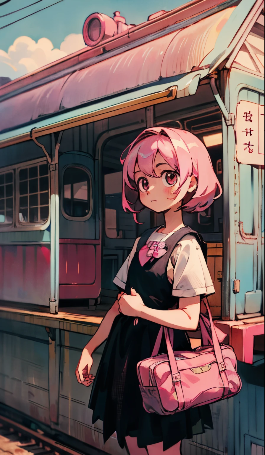 Perfect picture,,{Chiquita}{Meek,elementary student}{Train,Local lines}{Old}{I enjoy}, girl,4K picture quality, Cinematic,,{Gamine},{small body and chest,,,,,} Longhaire,A pink-haired,cute little,