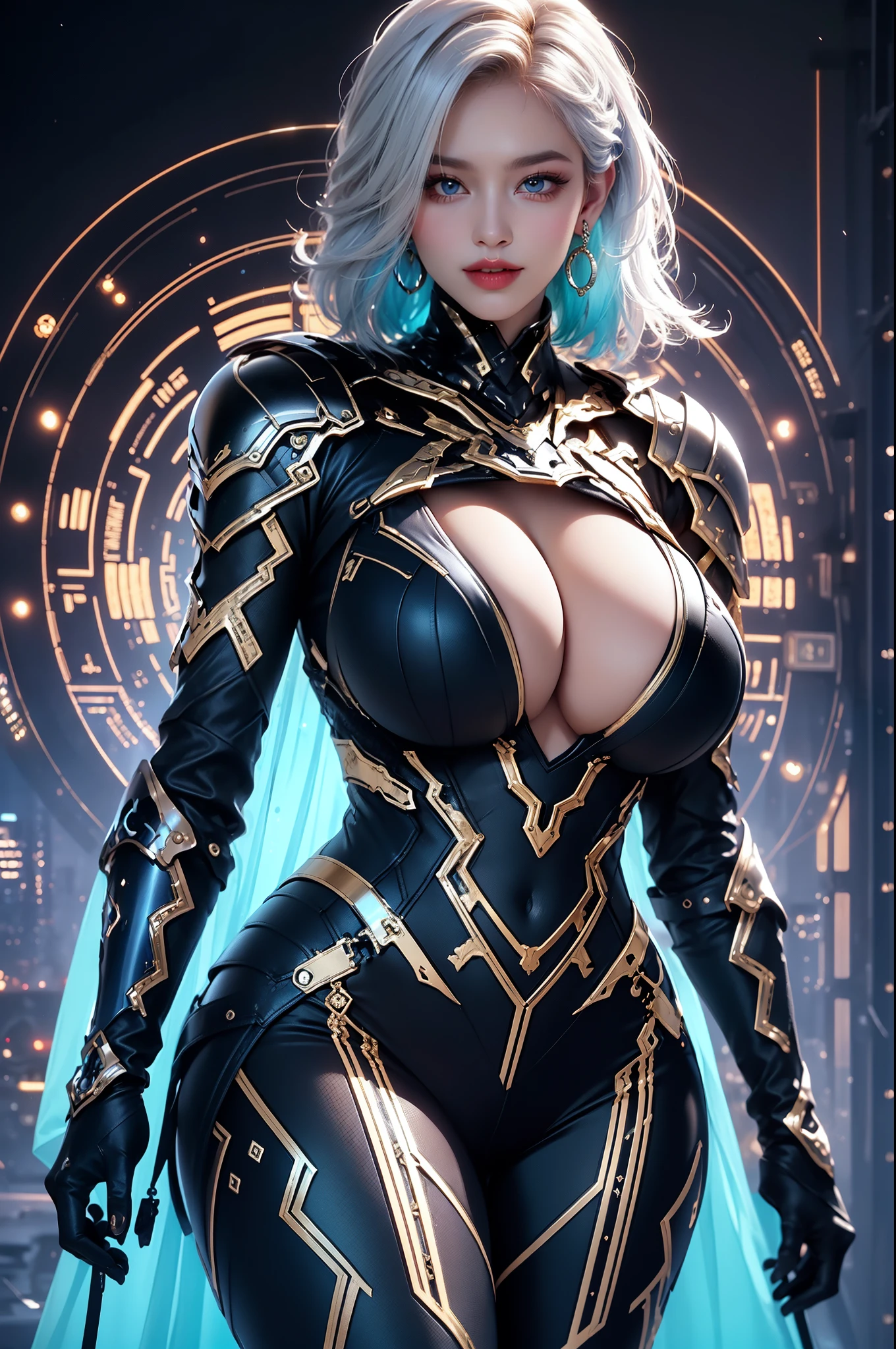 (masterpiece), best quality, expressive eyes, perfect face, beautiful details face, beautiful round eyes, upper body, A beautiful mature woman in cyber armour suit shows her Extremely busty and attractive breasts, (light smile), (midnight blue hair), glowing hair, multicolored hair, (short bob hair, shiny hair, gradient hair, colored inner hair, (short straight hair),  medium short hair), fair skin, (beautiful detailed full bodysuit:1.3), full body cyber armour, glowing and shining armor, silver and blue cyber armour,(Edge lights:1.3), (silver and blue colour scheme:1.3), neon light on Armor, beautiful details eyes, (midnight blue eyes:1.2), (glowing eyes:1.2), hair ornament, (Gigantic saggy breasts:1.9), thick body, (well accentuated curves), pink lips, (silver nails), mascara, Long eyelashes, eyeliner, (Extremely wide well defined hips:1.6), (beautiful massive thick muscular thighs:1.3), has a tall slender figure, (Extremely detailed skin texture:1.1), beautiful detailed realistic muscle definition, golden fireflies that shimmer, high detailed eyes, ultra-high quality model, proportionate, intense colouration fantasy, (background Spiral galaxy), beautiful background, gold and silver tetradic colours, earrings, detached sleeves, jewelry, earring, (1girl), solo,