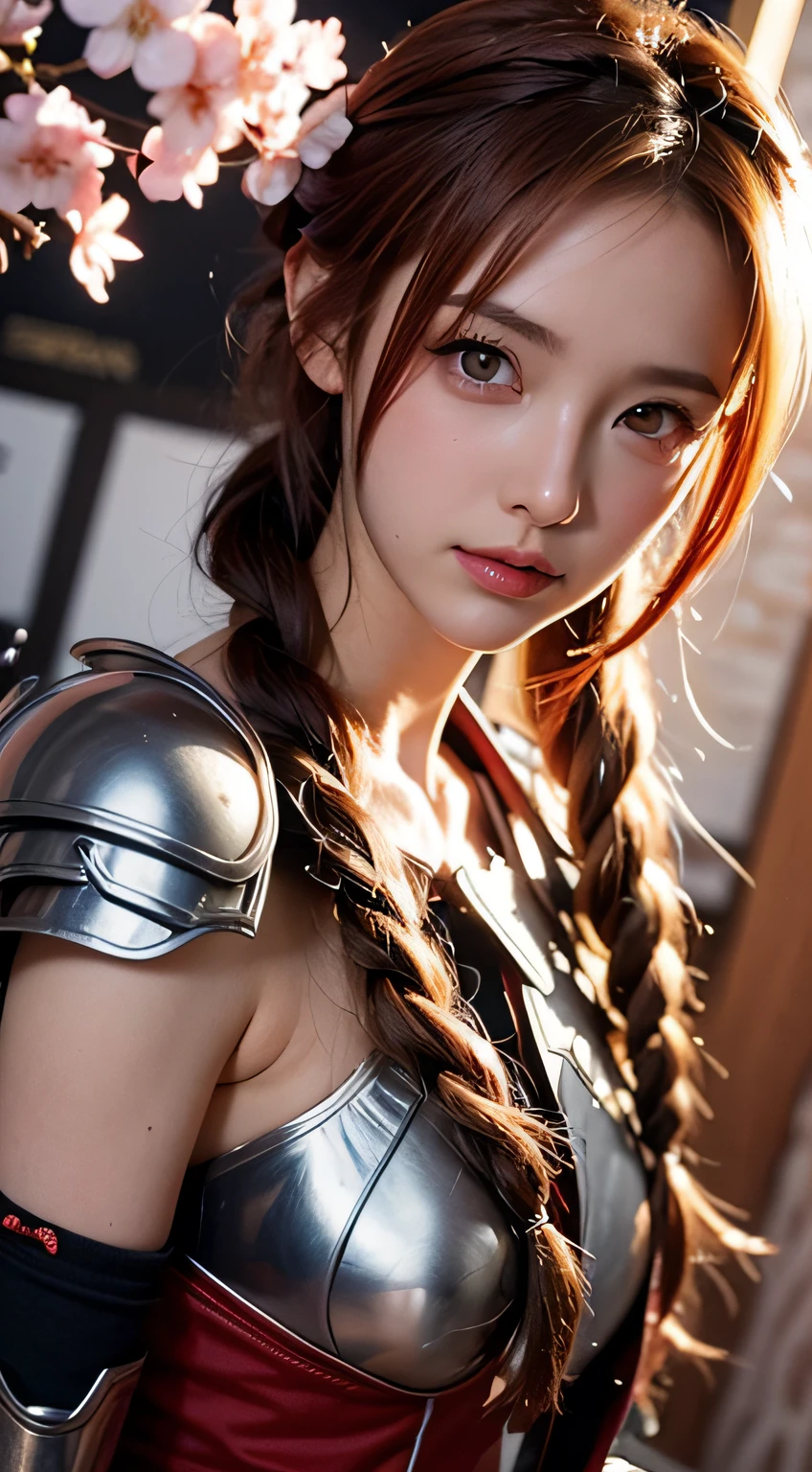 Asuna, ((masutepiece)), hight resolution, Asuna (stele), Crown braid, light orange hair, armor, cherryblossom, Dutch Angle