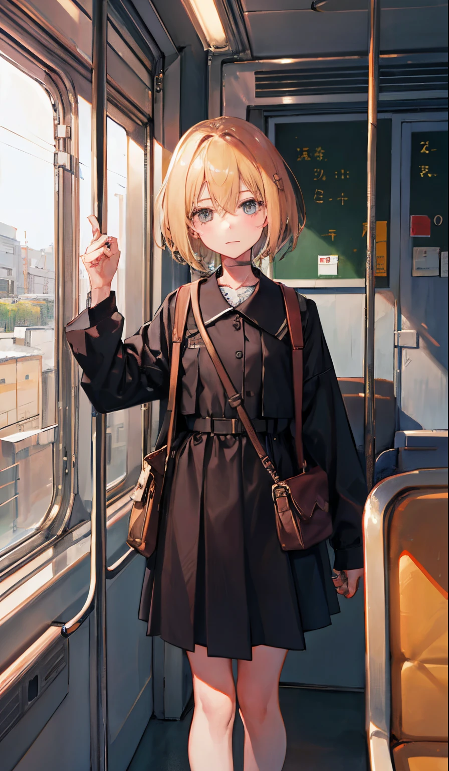 Perfect picture,,{On the train}{}{Train,Local lines}{military outfits},8 years old girl,4K uality, Cinematic,,{Gamine},{small body and chest,,,,} Short hair,a blond,cute little, perspiring