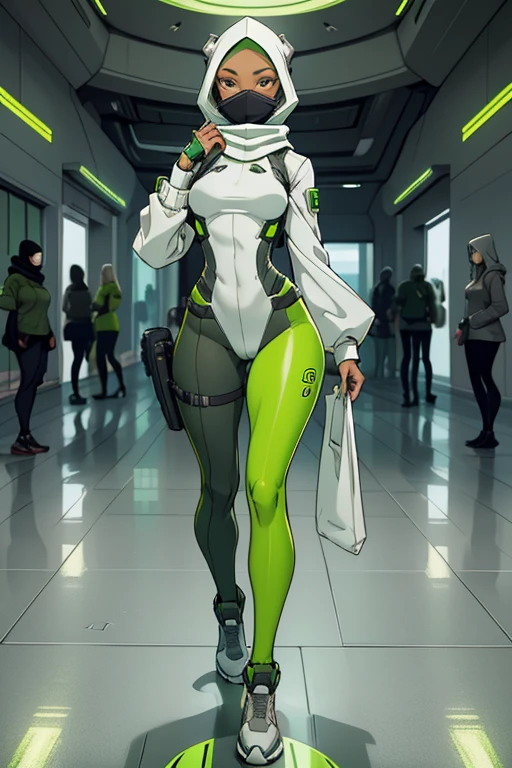 Fullbody of a beautiful, young woman wearing leggings, a baggy wide grey and green long-sleeved skirted knee-length top, attached to a futuristic synthetic skintight grey and green headscarf with a facemask, in a sterile futuristic environment, with a pristinely white concrete floor.
