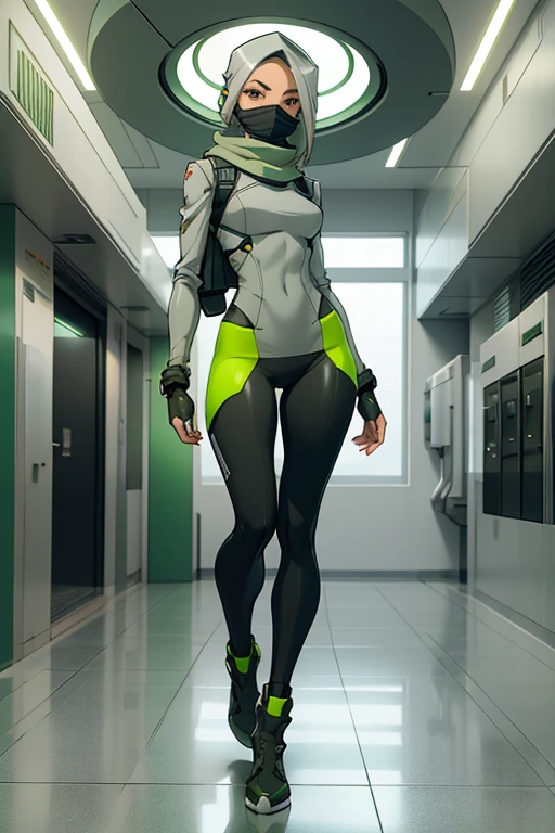 Fullbody of a beautiful, young woman wearing leggings, a baggy wide grey and green long-sleeved skirted knee-length top, attached to a futuristic synthetic skintight grey and green headscarf with a facemask, in a sterile futuristic environment, with a pristinely white concrete floor.