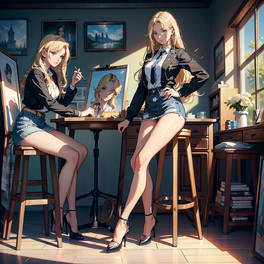 (A high resolution,8K,Best quality:1.2),Beautiful college student,Seductively tall, Campus beauty, Proud, Exotic beauty, Rich heiress, Medium length hair, Blonde hair, Denim skirt, High heels, Art studio, Painting, easel, stool, sitting on a stool, Focus on creating artwork