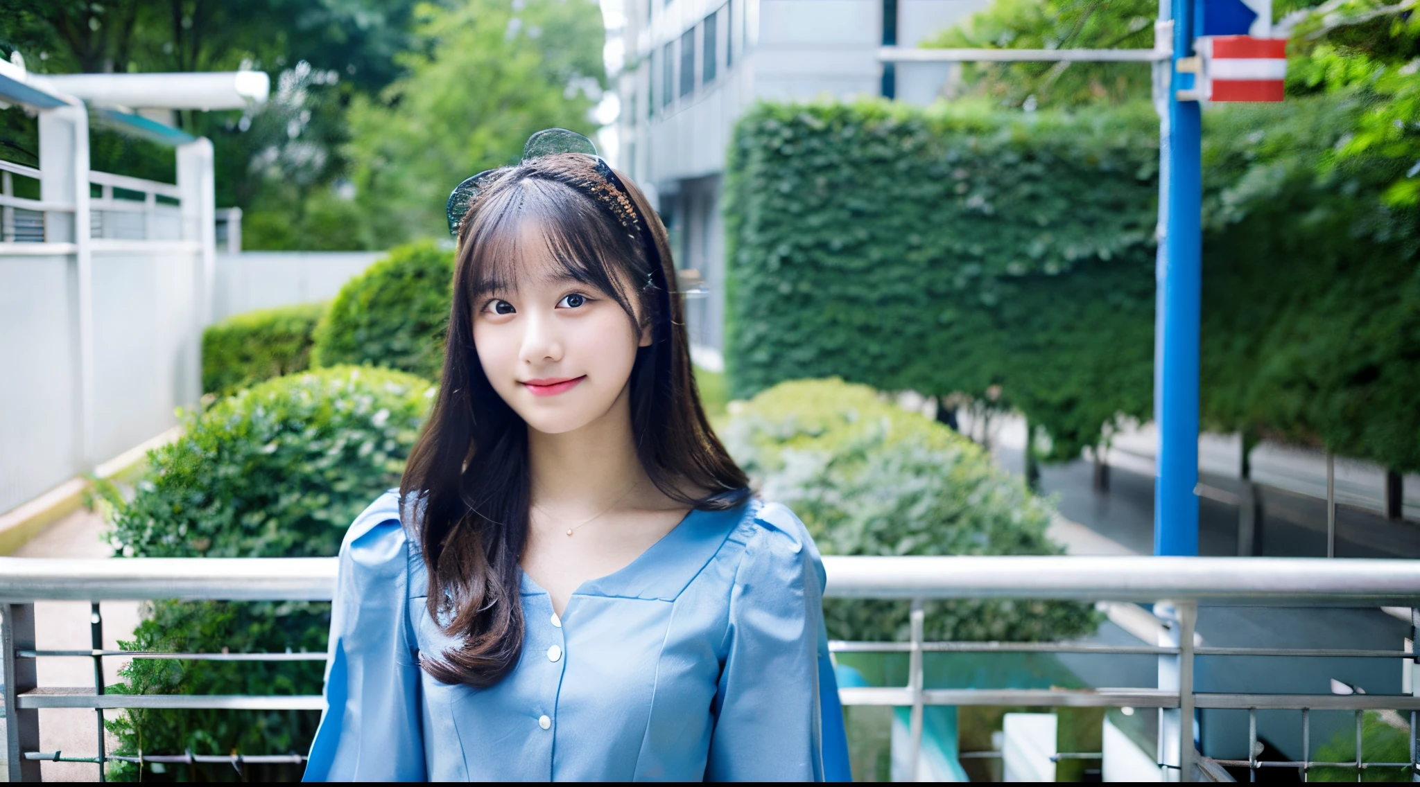 18 year old female college student in a light blue dress